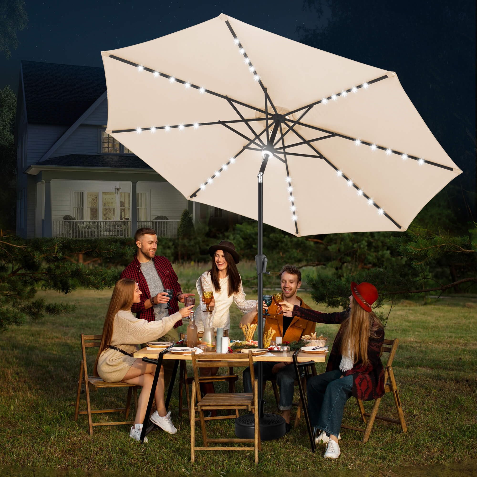 FLAME&SHADE 10 ft Solar Powered Outdoor Patio Umbrella with LED Lights and Tilt - Beige Waterproof Sun Shade for Garden, Poolside, Backyard and Beach