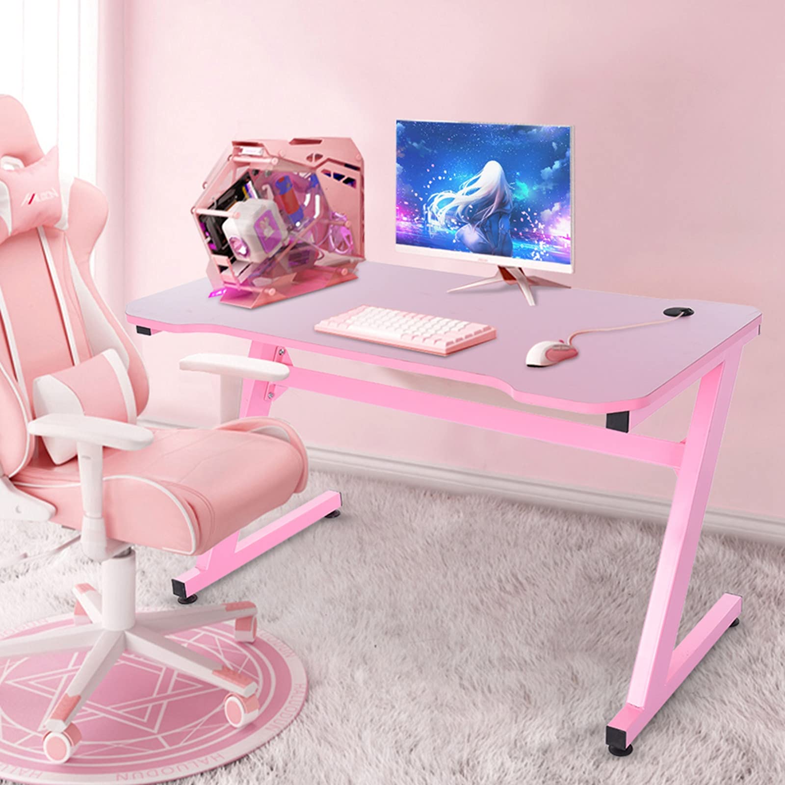 47.2 Inch Pink Gaming Desk - Ergonomic Z-Shaped Computer Table for Home Office & Gaming Workstation | Perfect for PC Gaming, Streaming & Remote Work (Pink)