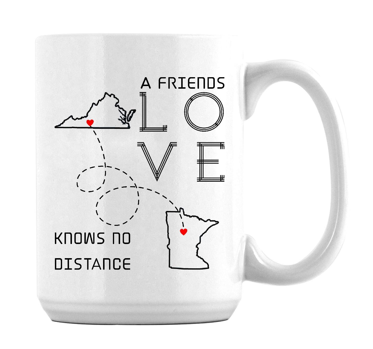 Best Friends Long Distance Coffee Mugs - 15oz Virginia Minnesota Themed Friendship Gifts for Best Friends - Perfect for Coffee, Tea & Long-Distance Bonding