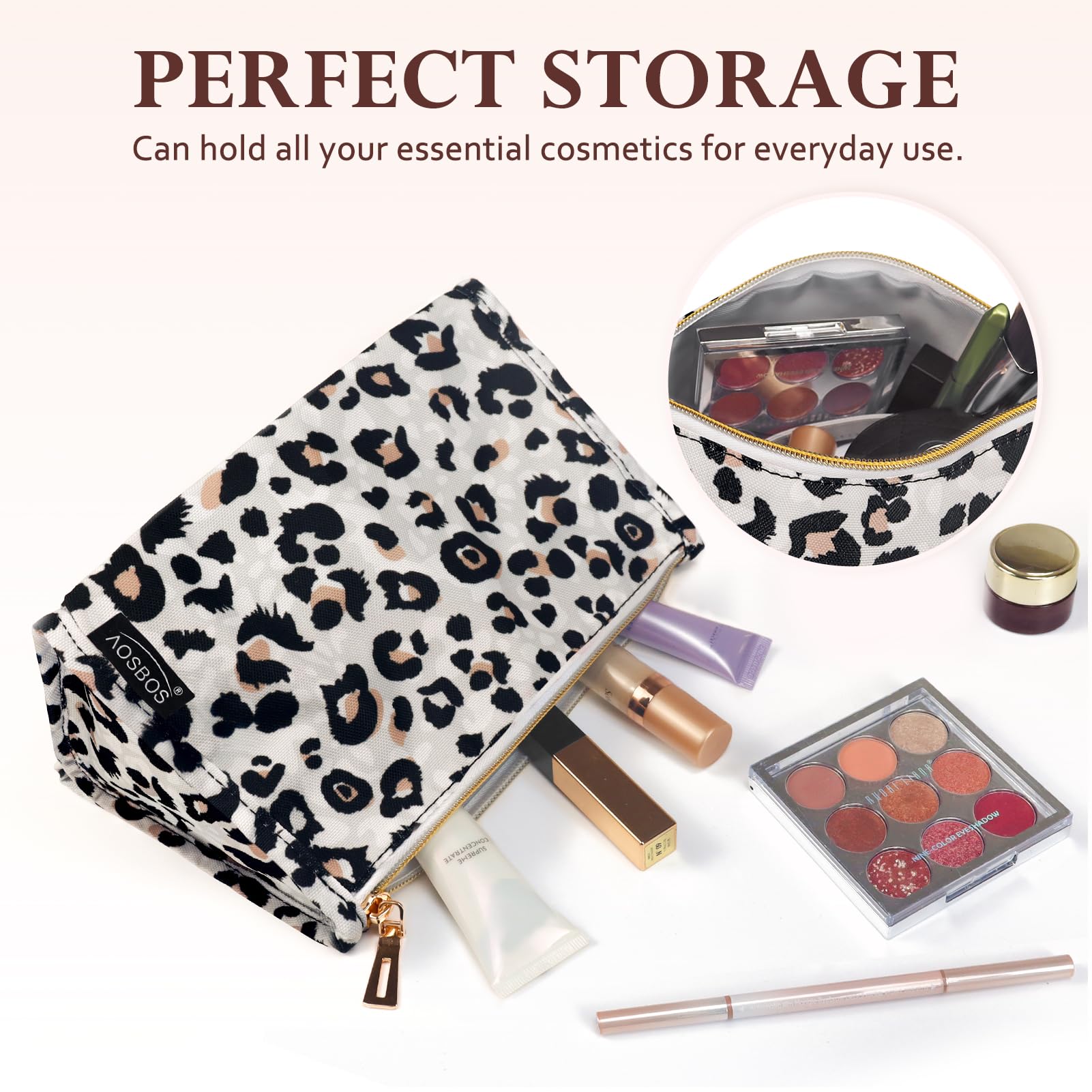 Aosbos Premium Small Makeup Bag for Women | Compact Travel Cosmetic Pouch | Leopard Print Organizer | Perfect for Travel, Gym & Everyday Essentials Storage