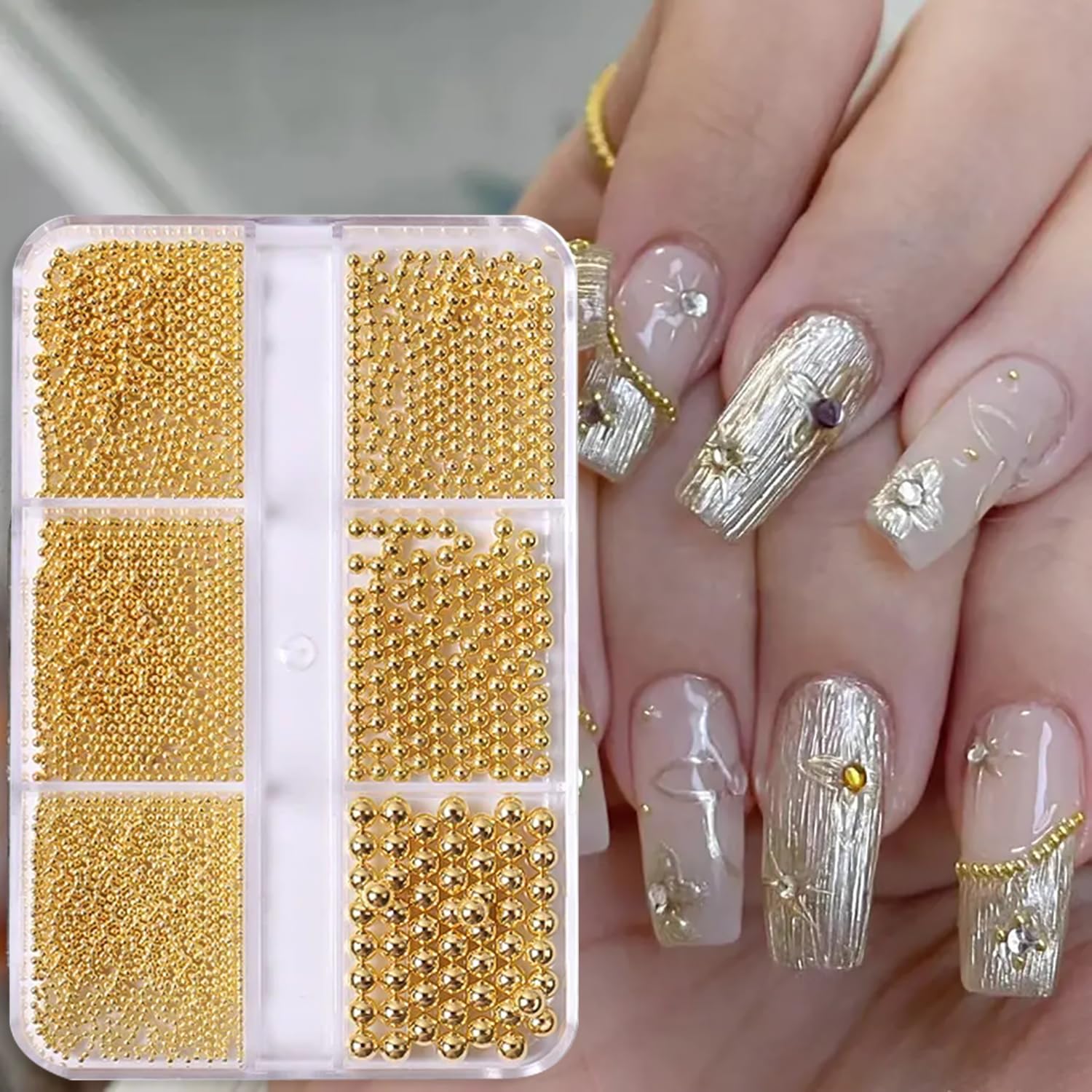 2 Boxes 3D Nail Beads Kit with Magnetic Picker Tool - Gold & Silver Metal Caviar Beads, Nail Charms, Gems, Studs for Professional Nail Art Design - Perfect for Salon, DIY Manicures & Nail Decoration