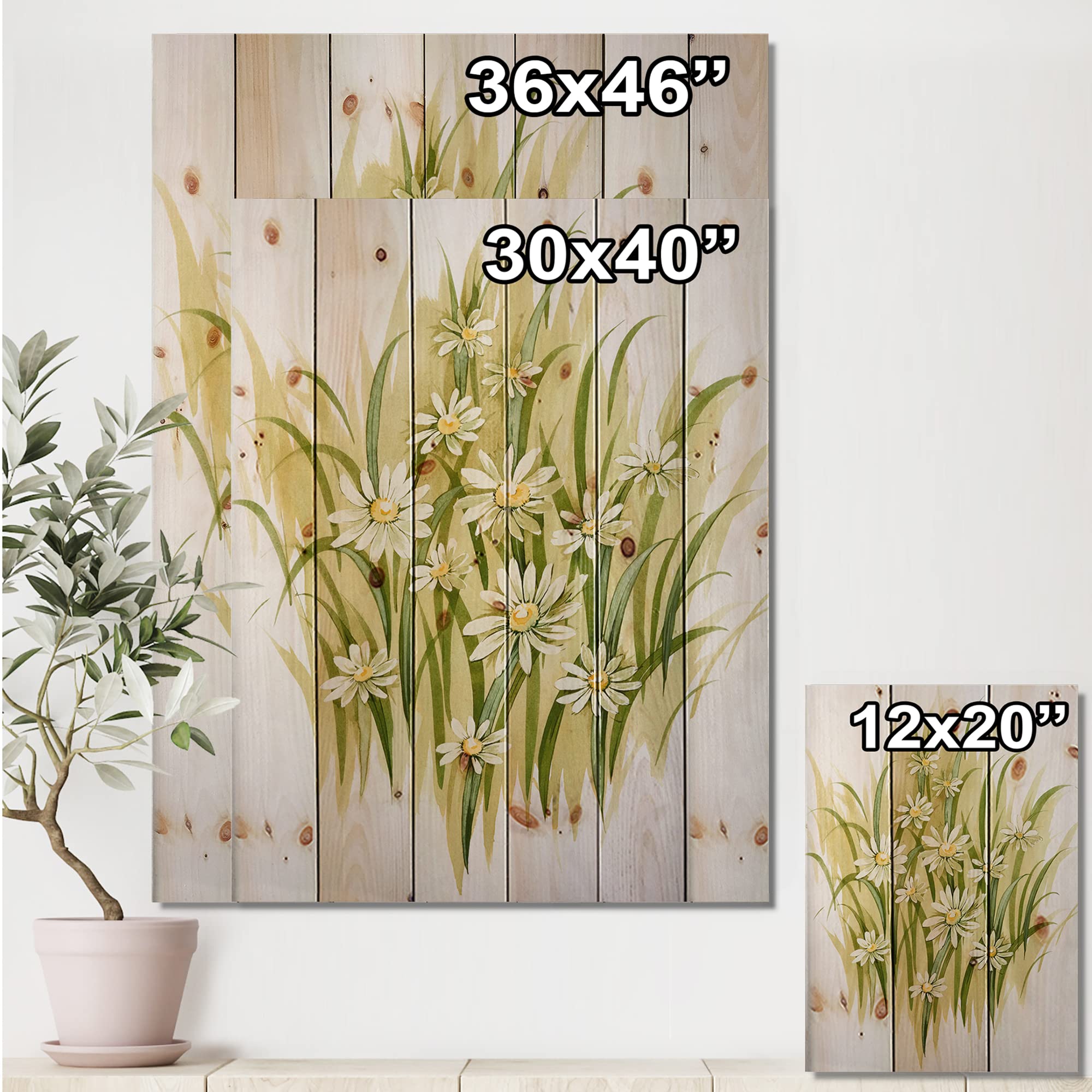 DesignQ White Meadow Flowers Traditional Wood Wall Decor - Green Floral Wood Wall Art Panels Printed on Natural Pine - Perfect for Living Room, Bedroom & Home Decor