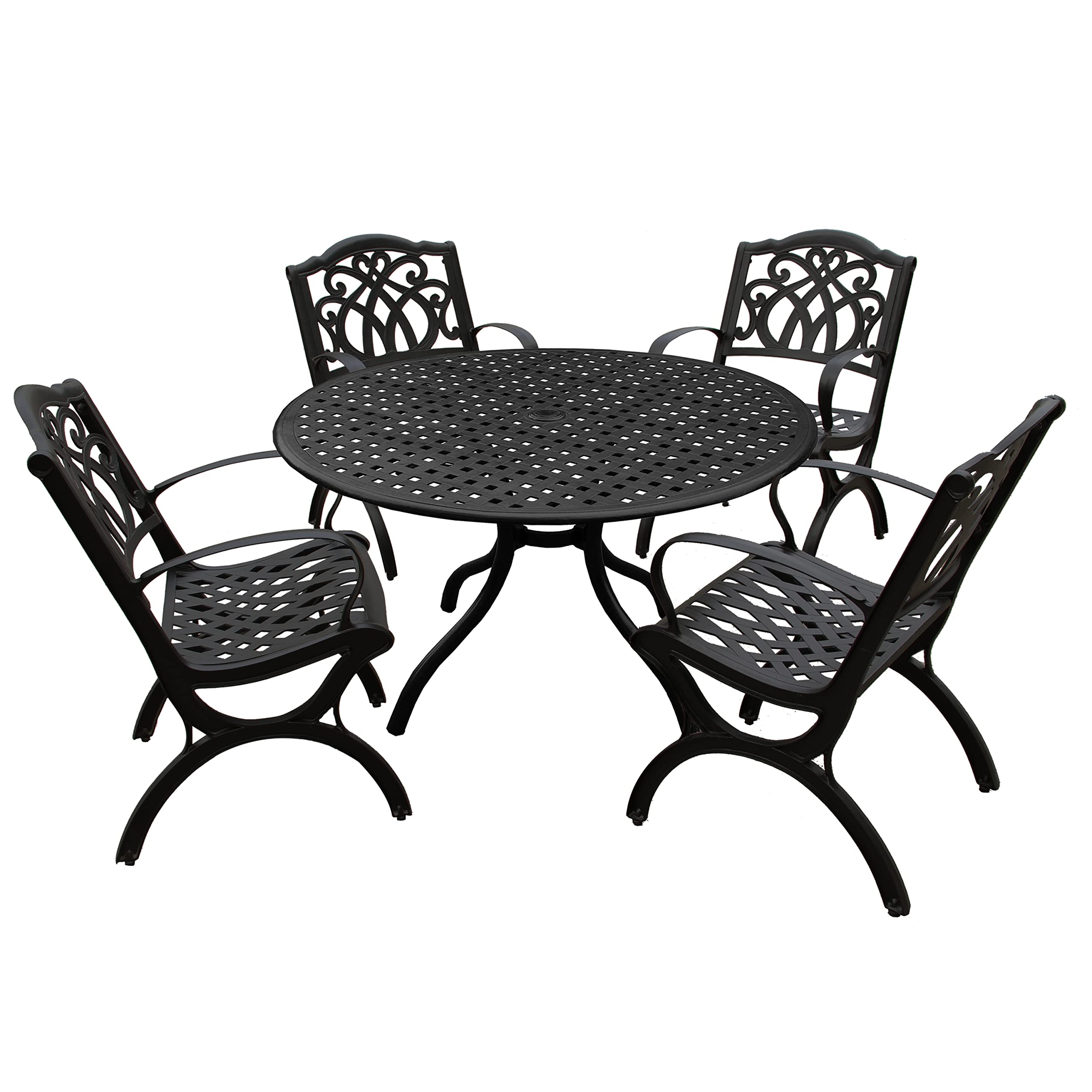 Oakland Living Modern Ornate Outdoor Mesh Aluminum 42-inch Black Round Patio Dining Set with 4 Chairs - Perfect for Backyard, Garden & Poolside Entertaining