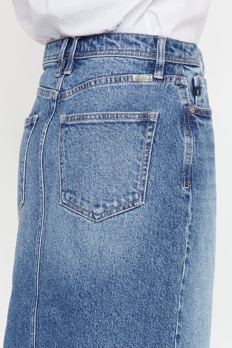 Indigo High Rise Midi Skirt for Women - Stretchy A-Line Denim Skirt with Pockets | Perfect for Casual Outfits, Office Wear & Date Nights
