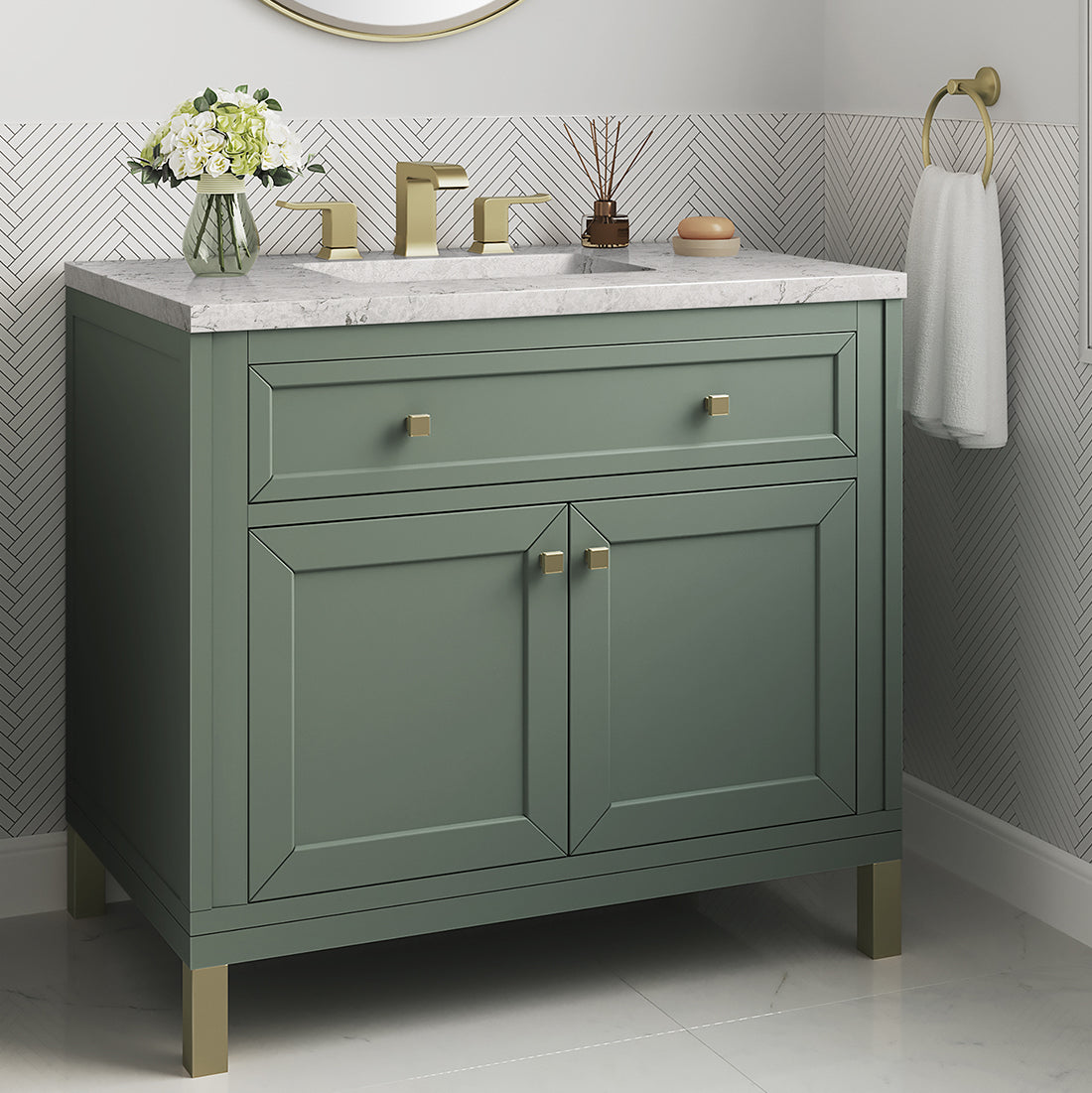 James Martin Vanities Chicago Collection 36 Inch Single Bathroom Vanity in Smokey Celadon with Countertop Options - Modern Farmhouse Style for Small Bathrooms & Powder Rooms