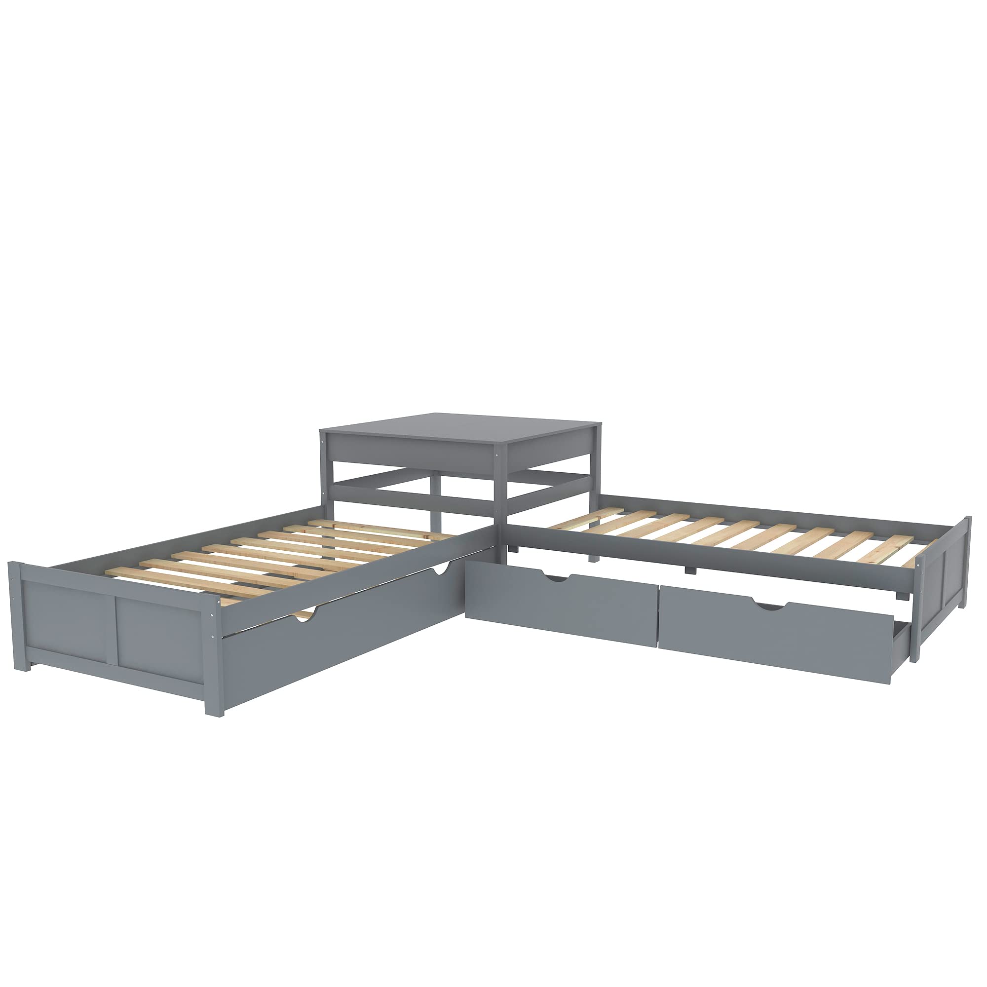SOFTSEA L-Shaped Bed Frame with Trundle and Storage Drawers - Low Profile Corner Bed Platform with Built-in Nightstand for Small Spaces | Perfect for Studio Apartments, Dorm Rooms & Kids' Bedrooms