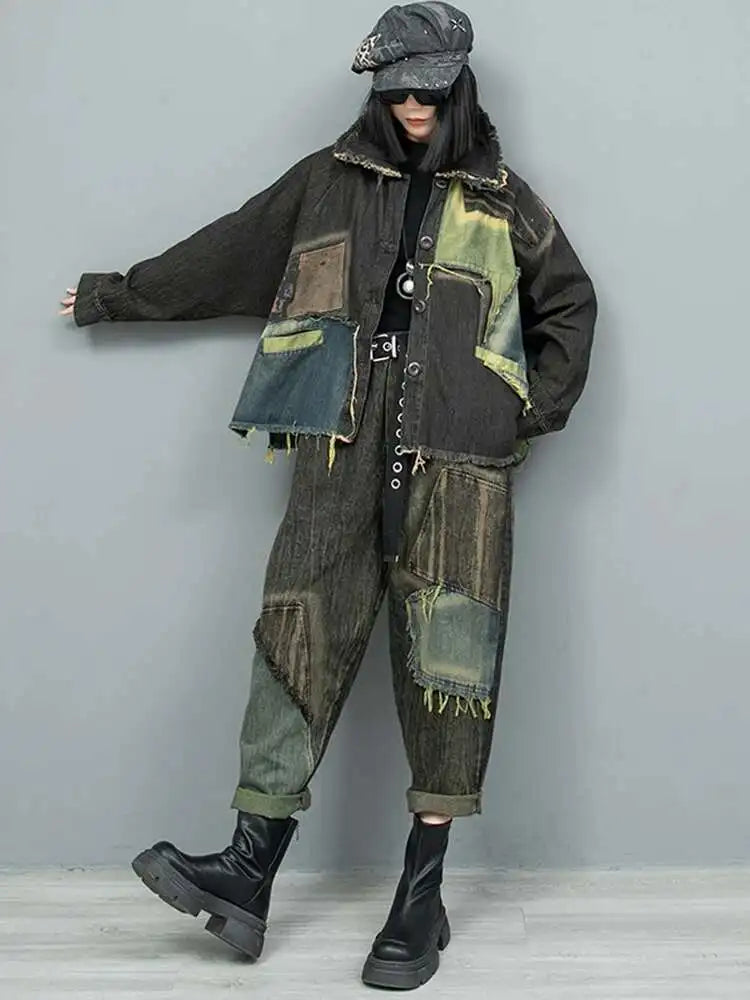 Women's Big Size Denim Jacket & Wide Leg Pants Two-Piece Suit - 2025 Spring Autumn Fashion Trend with Lapel Design & Long Sleeves (Style 1DH9117) | Perfect for Casual Outings, Office Wear & Street Style