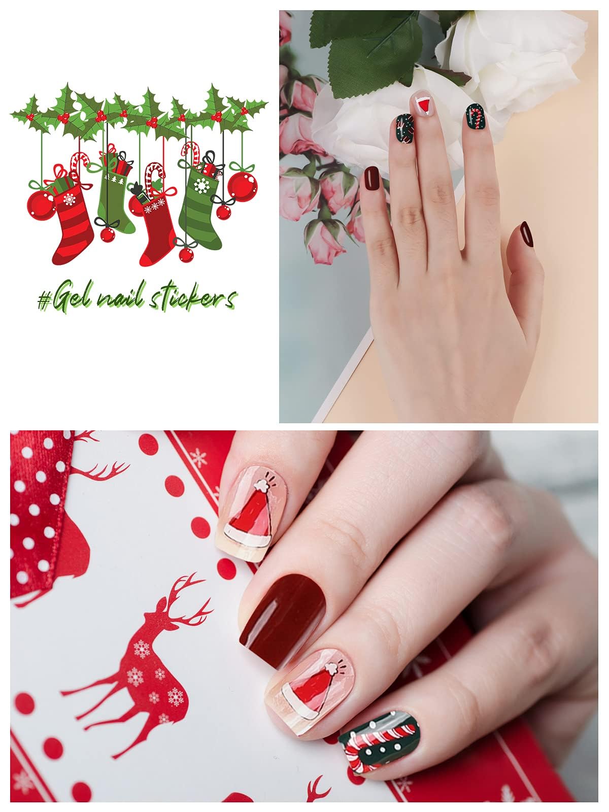 Festive Christmas Gel Nail Strips - Red & Green Holiday Nail Polish Stickers with Transparent Designs | Full Cover Nail Wraps Kit for Women & Girls (Includes Nail File, Stick & Seal) | Perfect for Xmas Parties, Gift Giving, Nail Art | Great for Holiday Gatherings, Office Celebrations, Family Reunions & DIY Home Manicures | Ideal for Christmas Decorations, Festive Nail Designs, Holiday Photos, and Seasonal Celebrations
