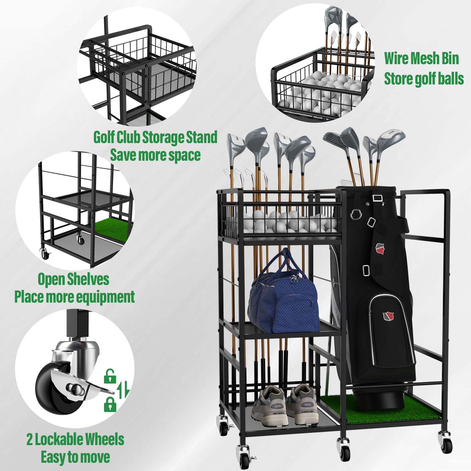 Premium Golf Bag Organizer - Heavy Duty Metal Golf Club Holder with Side Storage Pockets | Freestanding Golf Stand for Clubs & Accessories | Perfect for Home, Garage & Golf Course Organization