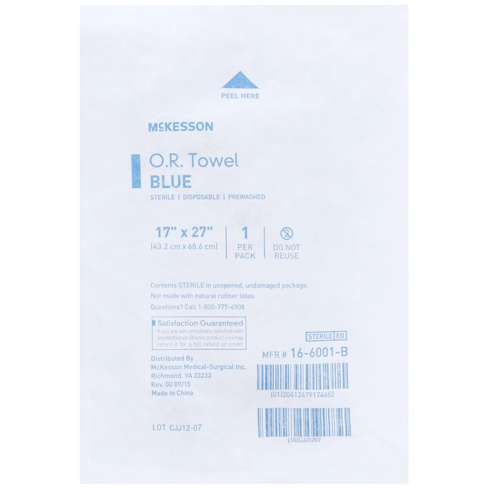 McKesson Sterile Disposable O.R. Towels - Pre-Washed Cotton Plain Weave, Blue, 17