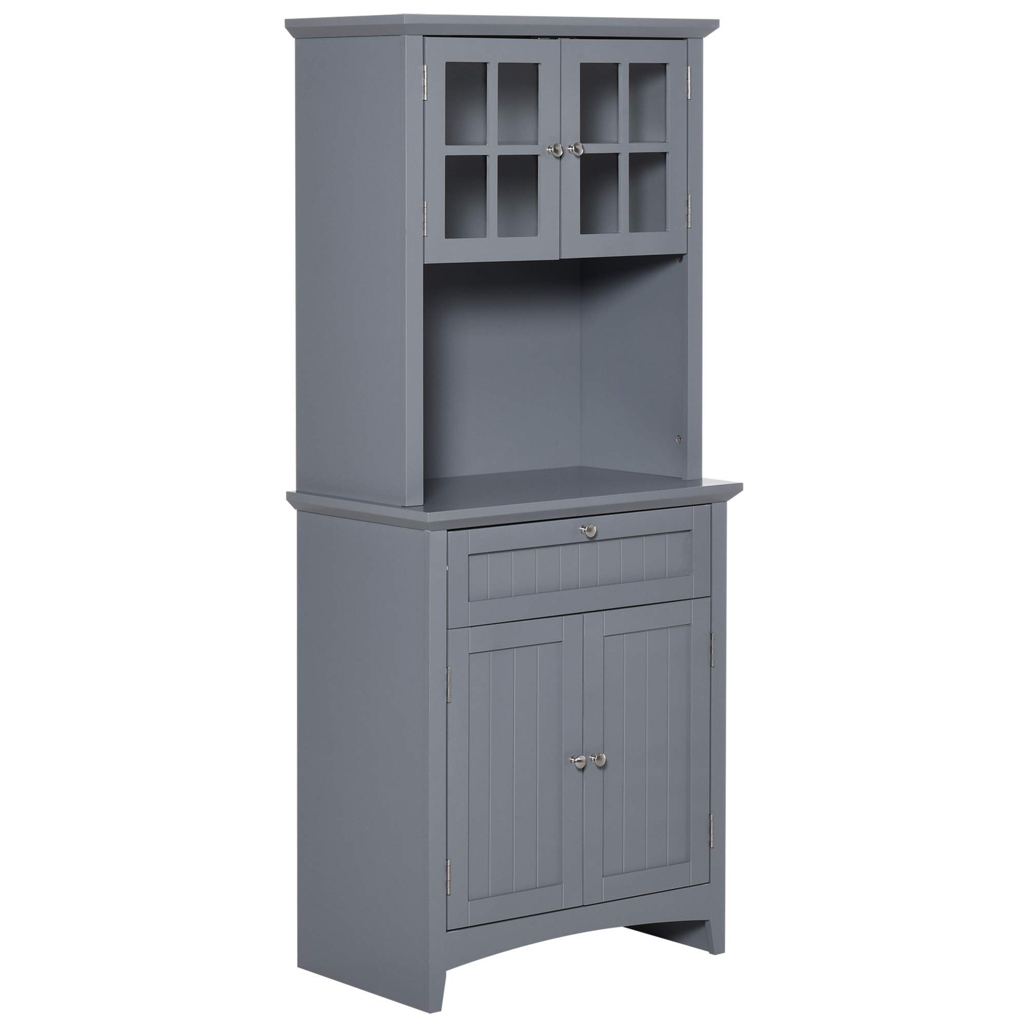 HOMCOM Elegant Buffet Hutch with Glass Doors - Kitchen Pantry Storage Cabinet with Drawers & Microwave Space, Grey - Perfect for Dining Room Storage & Small Kitchen Organization