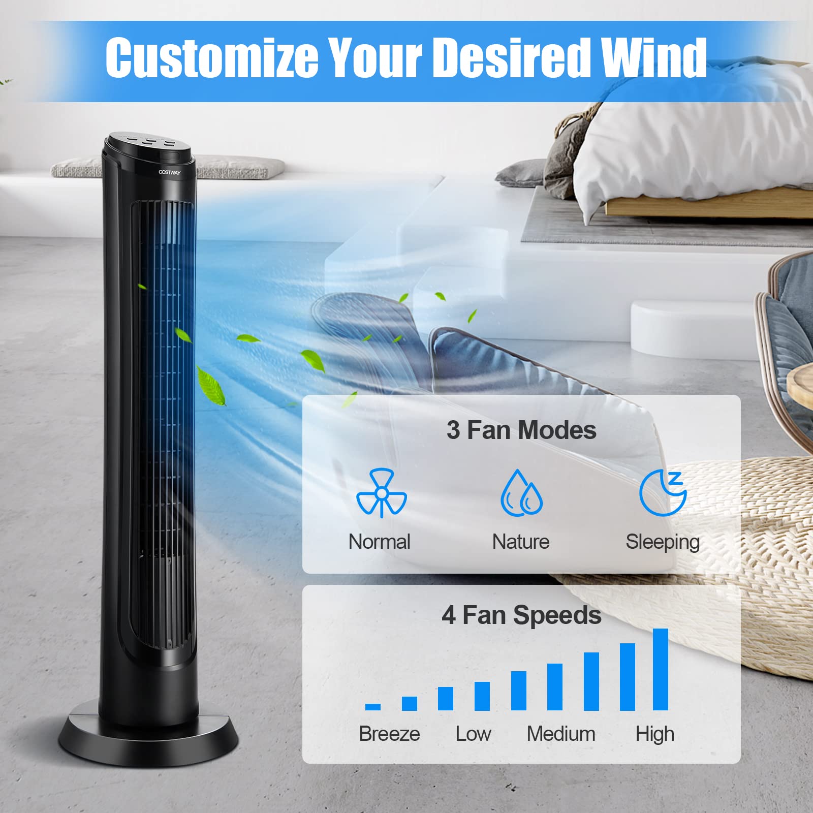 COSTWAY 40-Inch Tower Fan with Remote Control, 80° Oscillation, 4 Speeds & 3 Modes, 15H Timer, Ultra Quiet for Home Office & Bedroom | Portable Standing Fan with Sleep Mode for Cooling & Air Circulation | Black