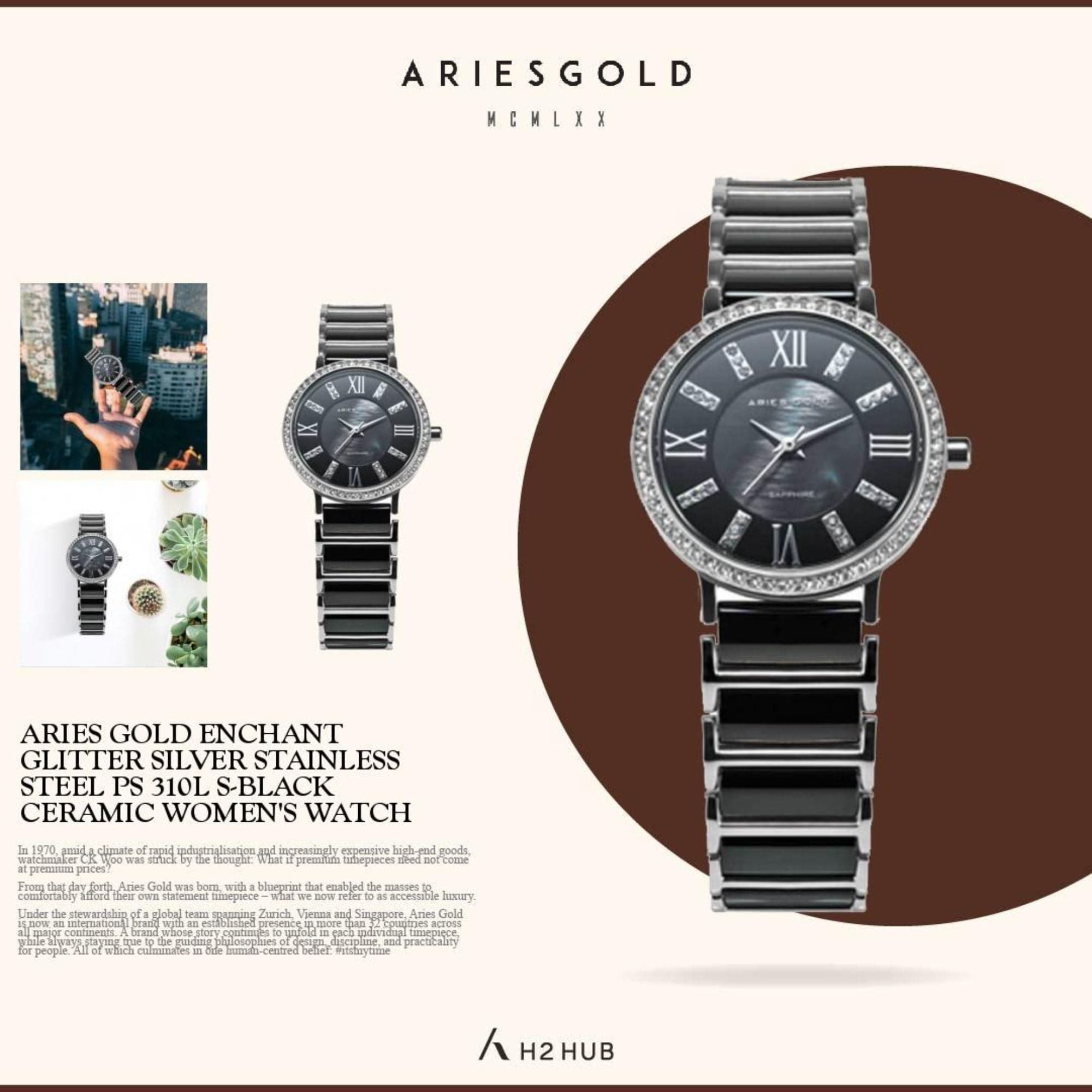 ARIES GOLD ENCHANT GLITTER Silver Stainless Steel Black Ceramic Women's Watch - Elegant Fashion Accessory for Office, Party & Daily Wear