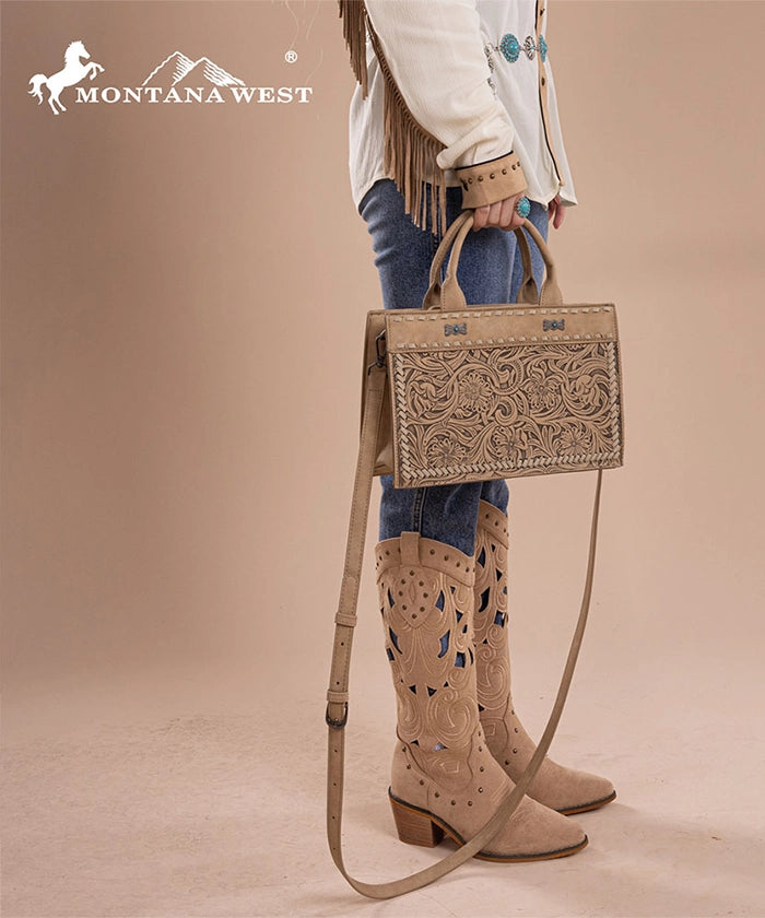 Montana West Floral Tooled Leather Tote Bag Set for Women - Stylish Handbag for Work, Travel & Everyday Use