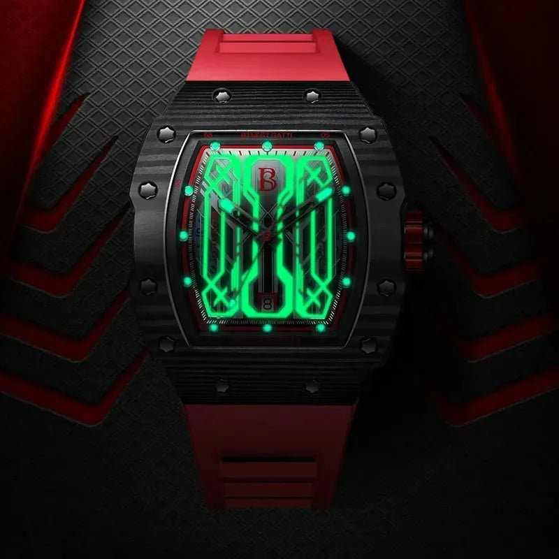 BONEST GATTI Men's Automatic Mechanical Watch - Carbon Fiber & Titanium Case, Luminous Dial, Waterproof, Fluororubber Strap - Perfect for Business, Casual & Outdoor Activities