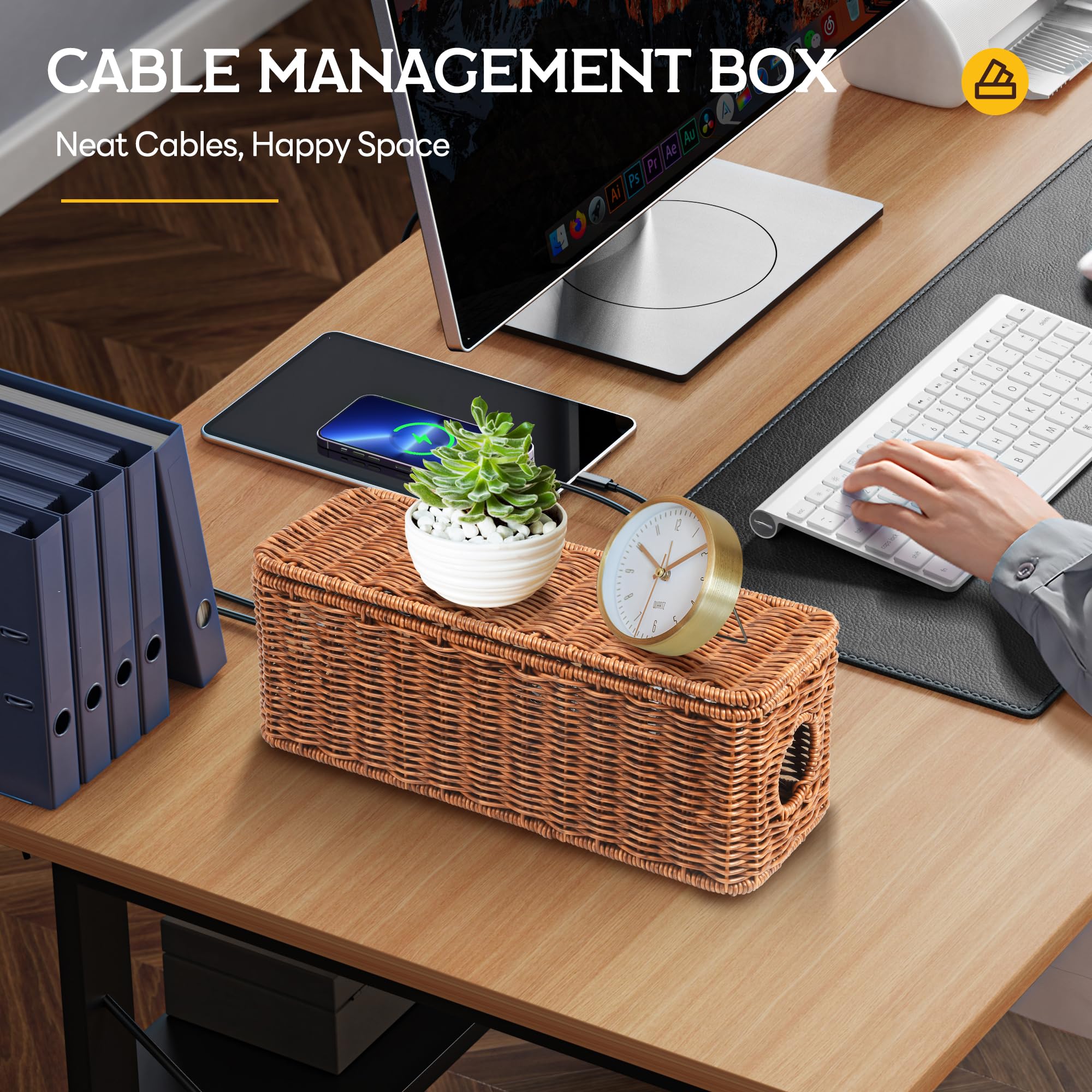 Handmade Rattan Cable Management Box with 2 Open Slots - Orapoke Cord Organizer for TV, Computer, Router & Power Strip - Under Desk Wire Hider for Office & Home Organization (Perfect for Living Room, Bedroom & Workspace)