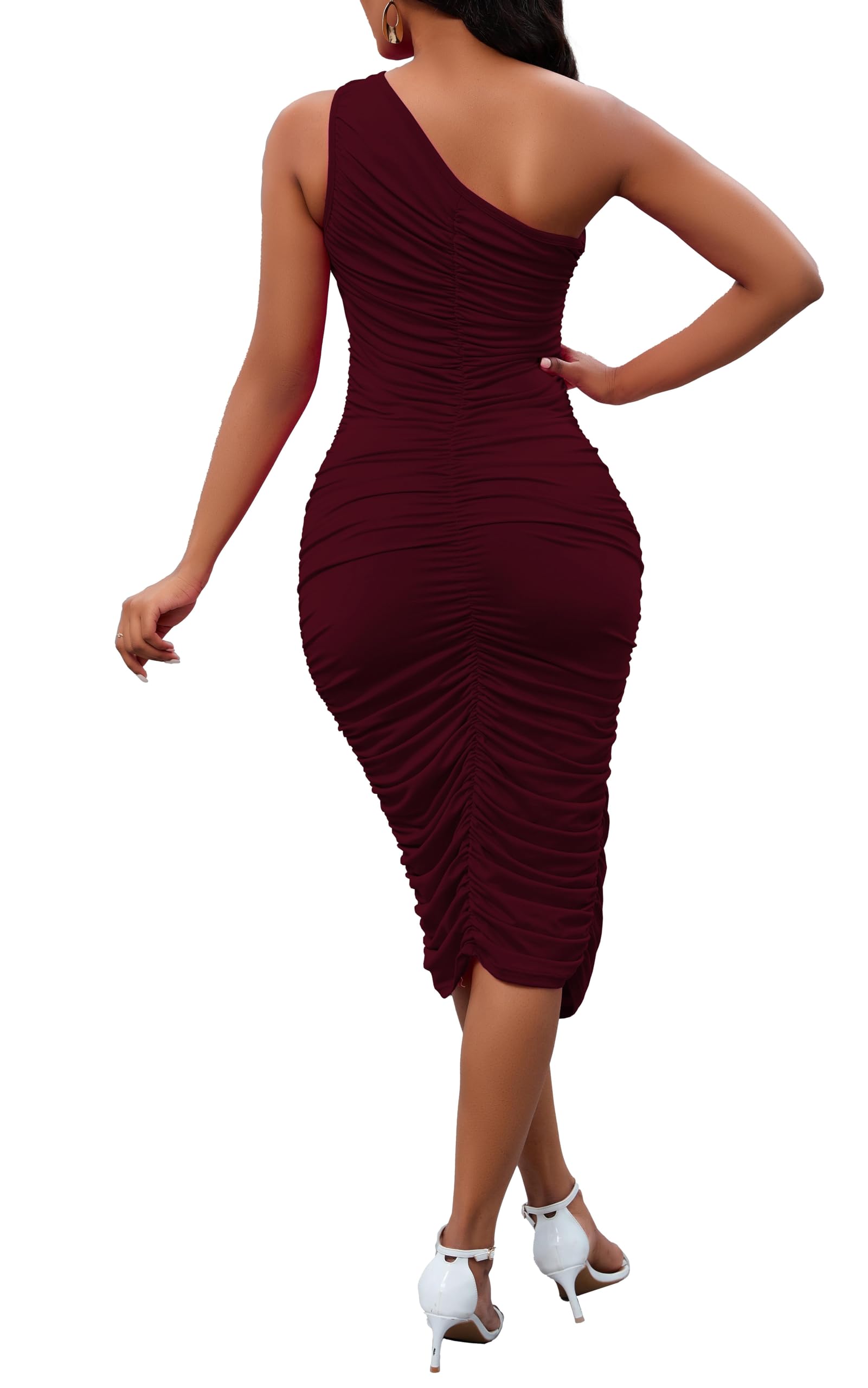 Sexy One Shoulder Bodycon Dress for Women - Sleeveless Ruched Midi Dress for Party, Club, Wedding Guest & Cocktail Events | Perfect for Night Out, Date Night & Special Occasions