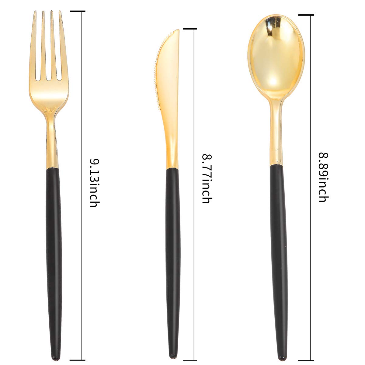 144-Piece Gold Plastic Silverware Set - Disposable Flatware with Black Handle (48 Forks, 48 Knives, 48 Spoons) - Elegant Cutlery for Parties, Weddings, Dinner Events & Home Gatherings