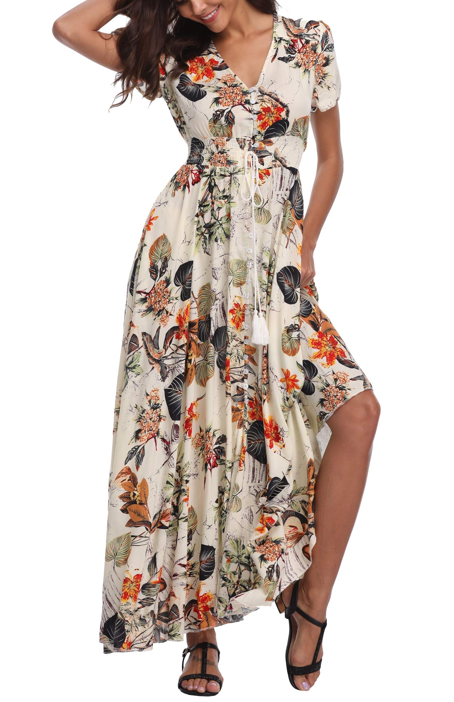 Women's Floral Maxi Dresses - Casual Long Summer Boho Beach Dress with Short Sleeve & Button Up Split | Perfect for Beach Vacations, Garden Parties & Summer Outings