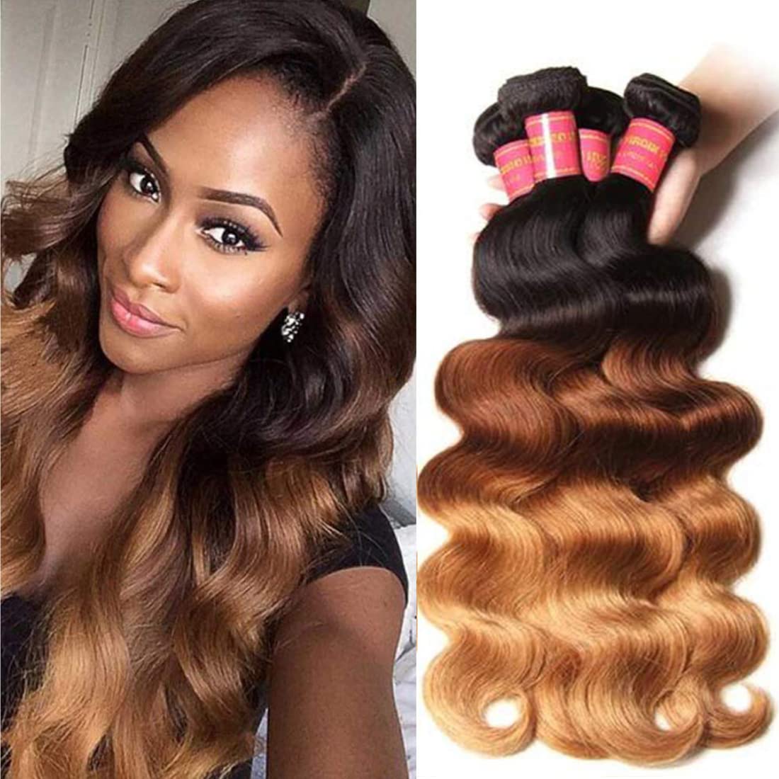 Sunber 12A Grade Ombre Body Wave 3 Bundles Brazilian Virgin Human Hair Extensions - 3 Tone Mixed 1B/4/27 Color (20 22 24 Inch) for Stunning Blended Highlights | Perfect for Salon Styling, Weddings & Everyday Glam