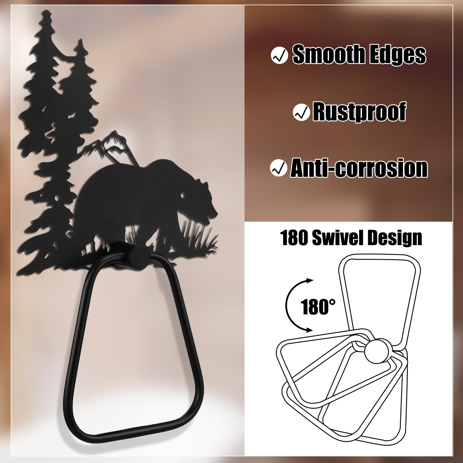 Peryiter 3-Piece Bear Towel Holder Set - Rustic Farmhouse Bathroom Decor, Black Deer Towel Ring Rack for Kitchen & Bathroom - Perfect Wall Mounted Hand Towel Holder for Summer Home Decor & Housewarming Gifts