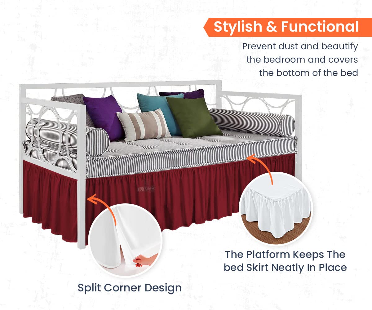 14 Inch Drop Twin Size Burgundy Microfiber Bed Skirt - Split Corner Design with Stylish Ruffles, Wrinkle & Fade Resistant - Perfect for Daybeds, Guest Rooms & Dorm Decor