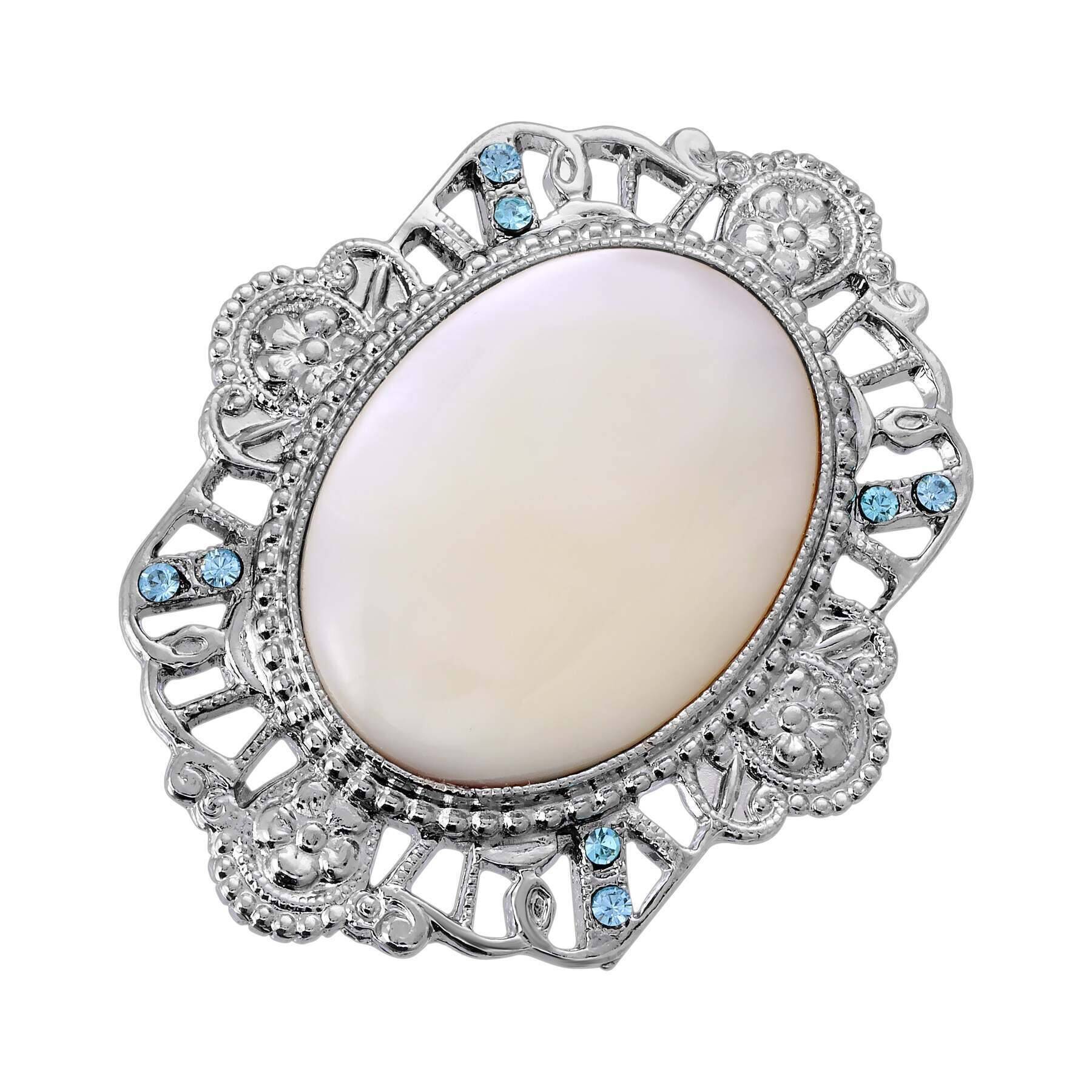 1928 Vintage Aquamarine Crystal & Mother of Pearl Filigree Flower Brooch Pin - Elegant Antique Jewelry for Weddings, Prom & Special Occasions
