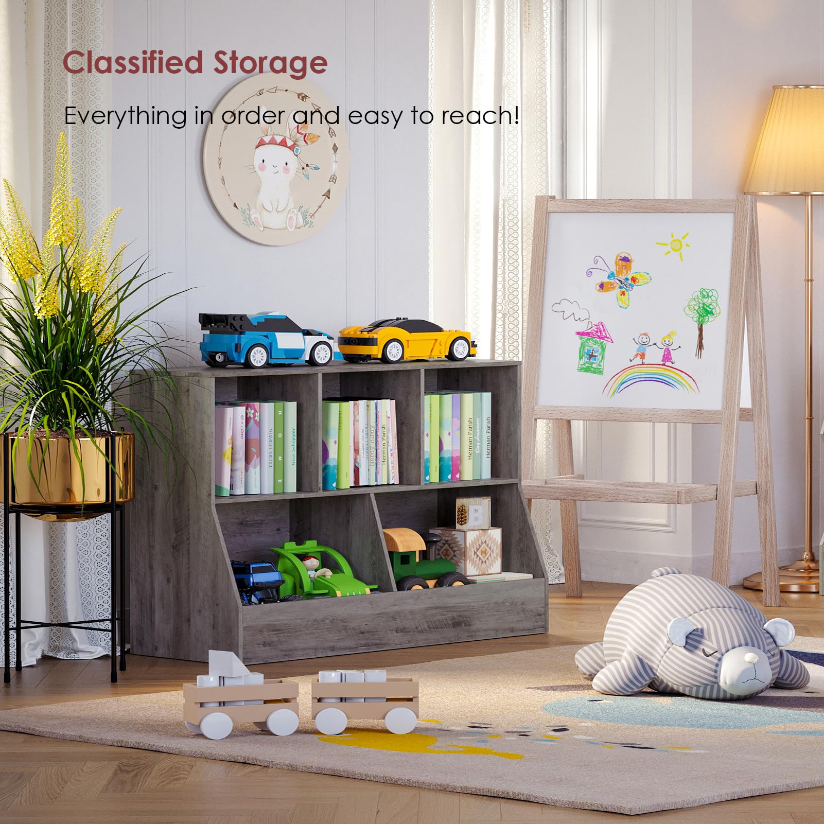 DINZI LVJ 5-Cubby Wooden Toy Storage Organizer & Kids Bookshelf - Gray Wash Toy Cabinet for Playroom, Bedroom, Nursery - Perfect for Organizing Toys, Books & School Supplies (43.3