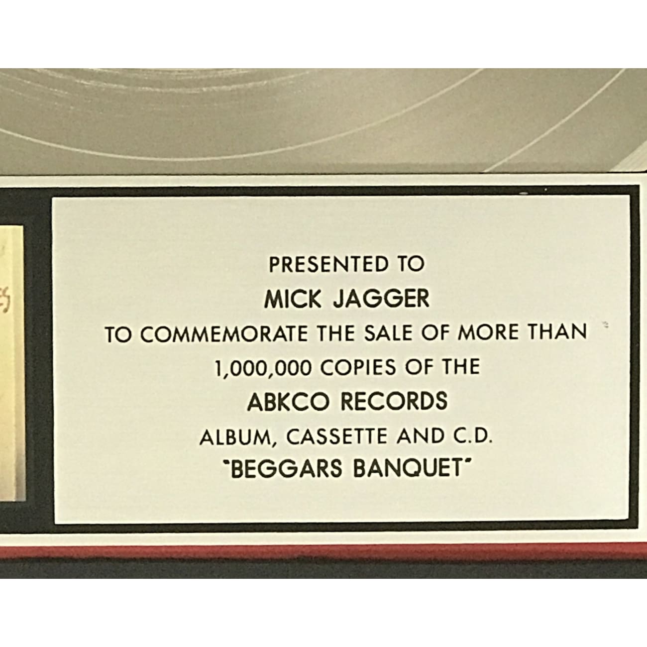Rolling Stones Beggars Banquet RIAA Platinum LP Award Presented to Mick Jagger - Rare Collectible Music Memorabilia for Fans & Display in Home, Office, or Music Studio