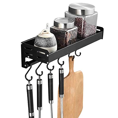 Wall Mounted Pot and Pan Rack with Hooks - 40cm No Drill Adhesive Kitchen Organizer for Pots, Pans & Utensils - Space Saving Aluminum Storage for Kitchen, Bathroom & Toilet Organization