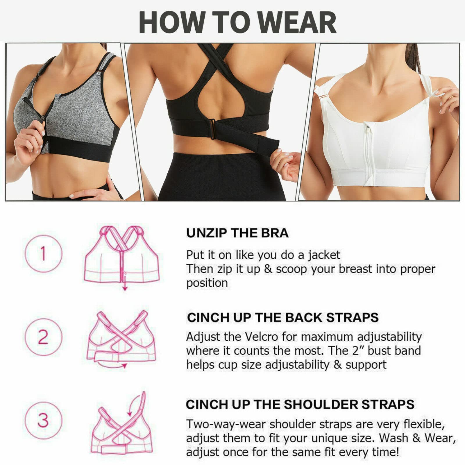 High Support Front Zip Sports Bra for Women - Adjustable Plus Size Workout Top, Sexy Supportive Yoga Bra for Running, Gym & Active Lifestyle