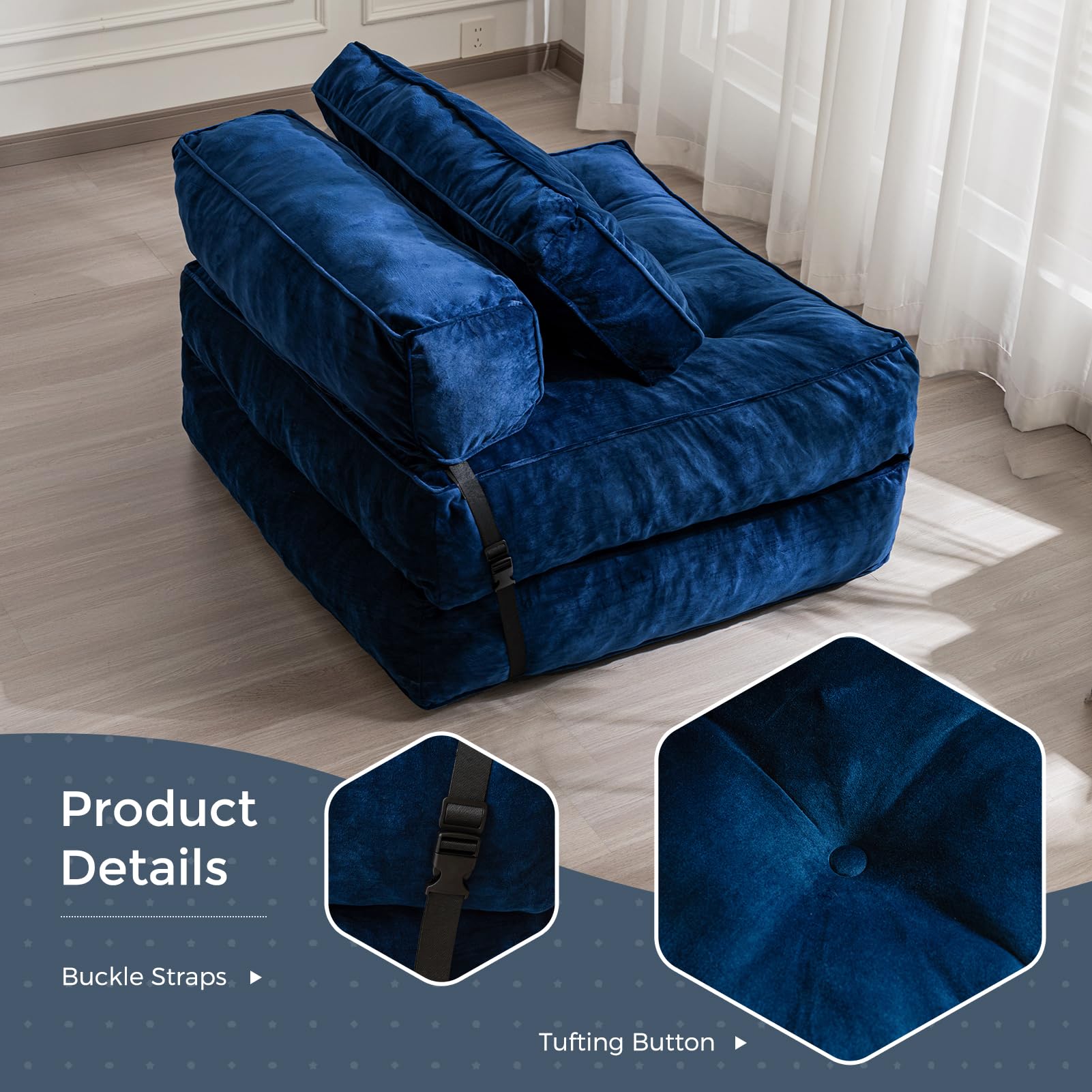 MAXYOYO Velvet Convertible Sleeper Sofa Bed - Foldable Guest Bed with Pillow, Navy Blue | Space-Saving Furniture for Small Apartments, Living Rooms & Dorm Rooms