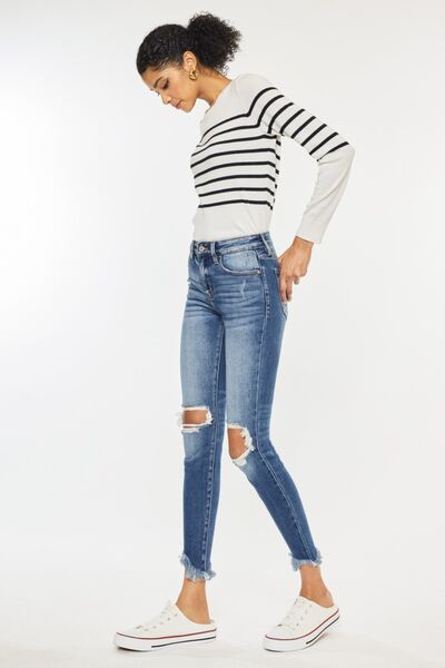 Kancan Women's High Waist Distressed Raw Hem Ankle Skinny Jeans - Trendy Ripped Denim Pants for Casual Wear, Night Out & Street Style Fashion