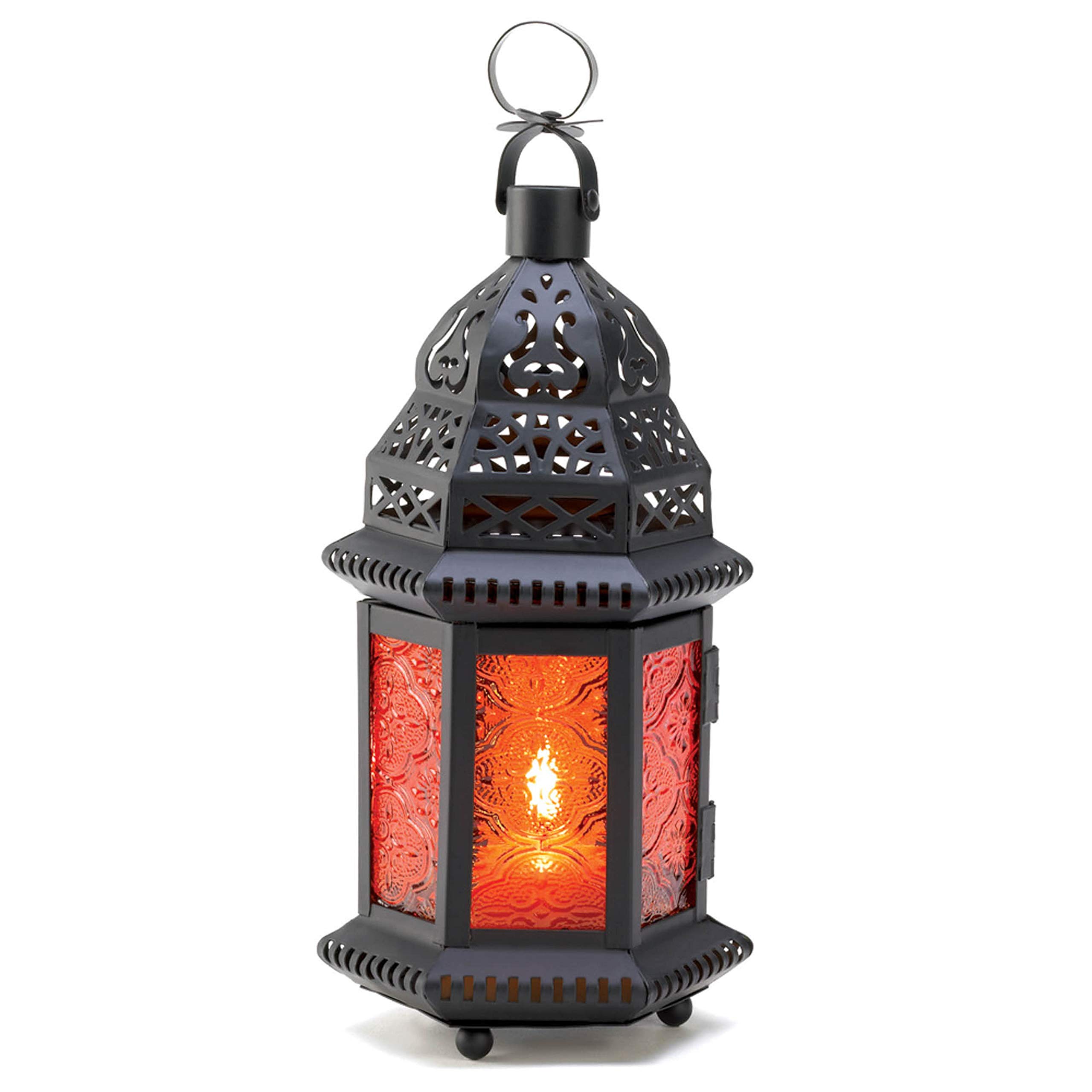Accent Plus 57071076 Black Moroccan Candle Lantern - Handcrafted Amber Glass for Home Decor, Outdoor Patio, Wedding & Boho Interior Design