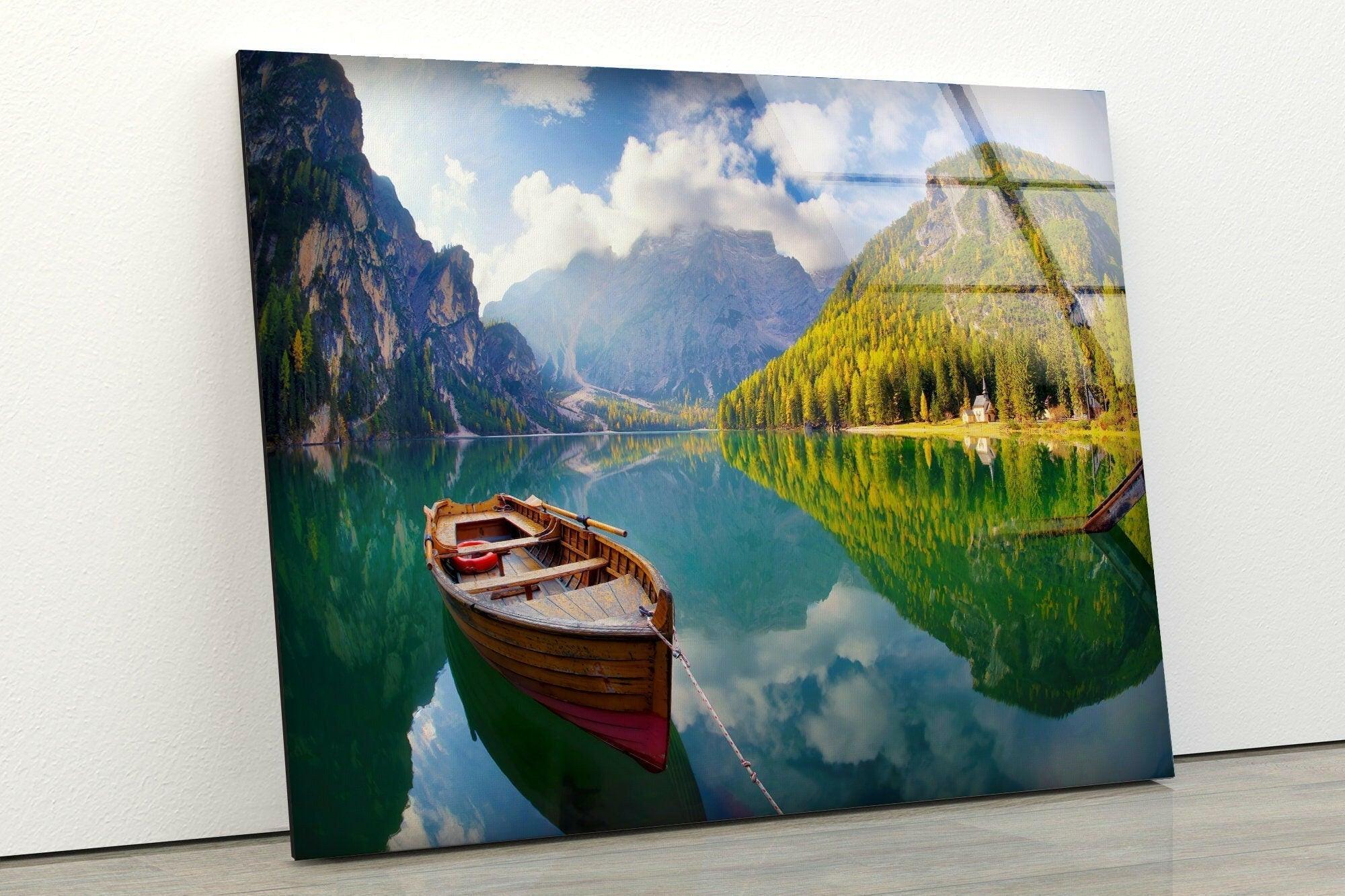 Autumn Boat on Lake Glass Wall Art - Handmade Landscape Painting for Home & Office Decor - Perfect for Living Room, Bedroom, or Office Wall Decor