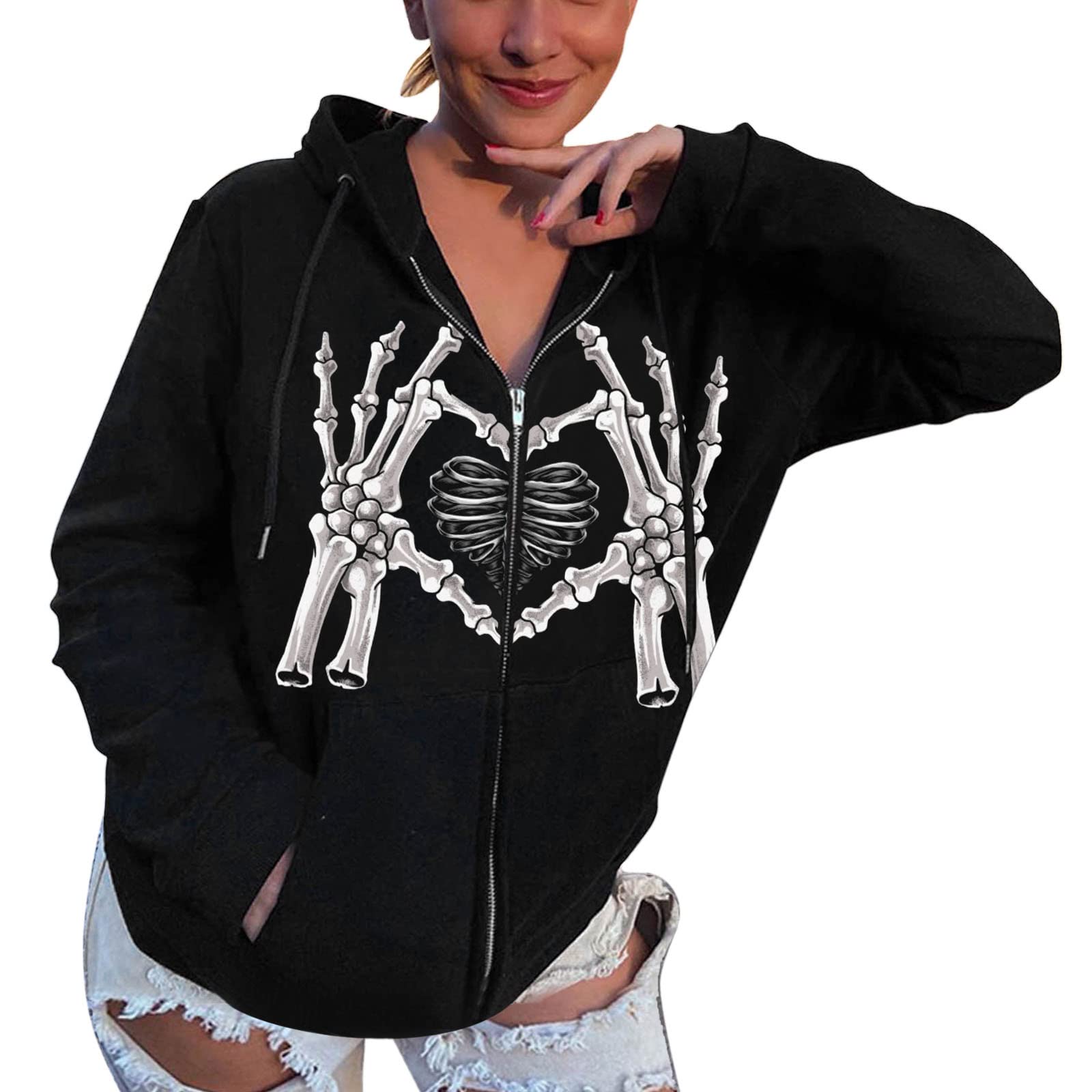 Women's Rhinestone Print Long Sleeve Hooded Zip-Up Sweatshirt Jacket - Casual Full Zip Track Coat for Everyday Wear & Outdoor Activities