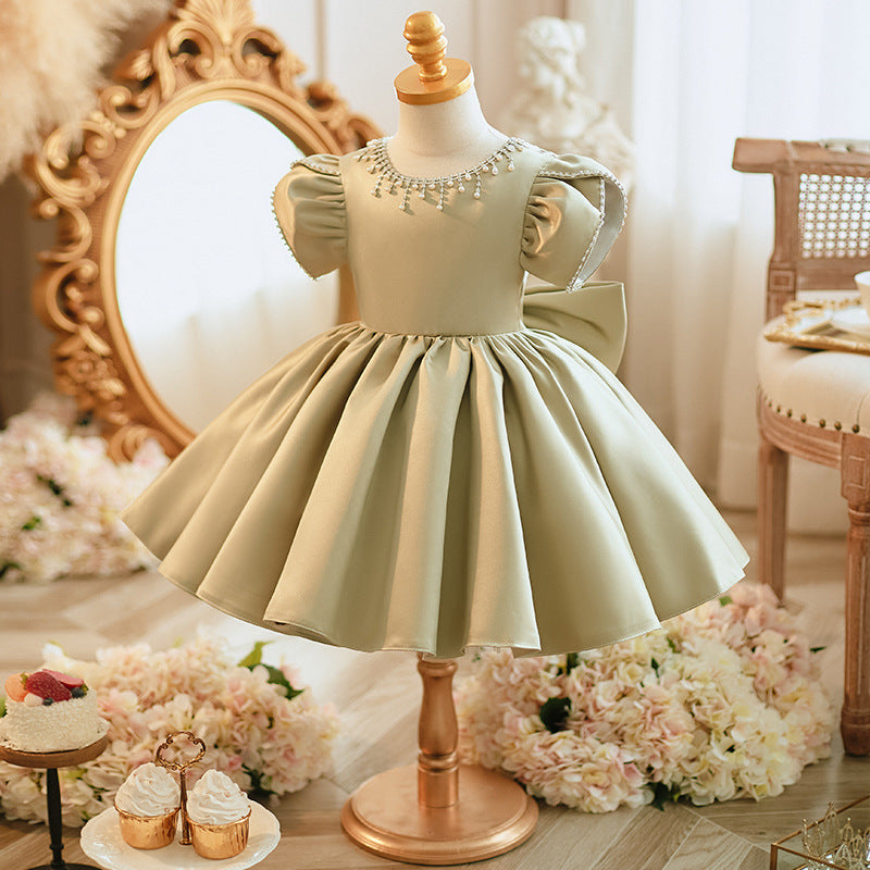 Elegant Satin Flower Girl Dress with Ruffles and Beading - Perfect for Weddings, Baptisms & Special Occasions