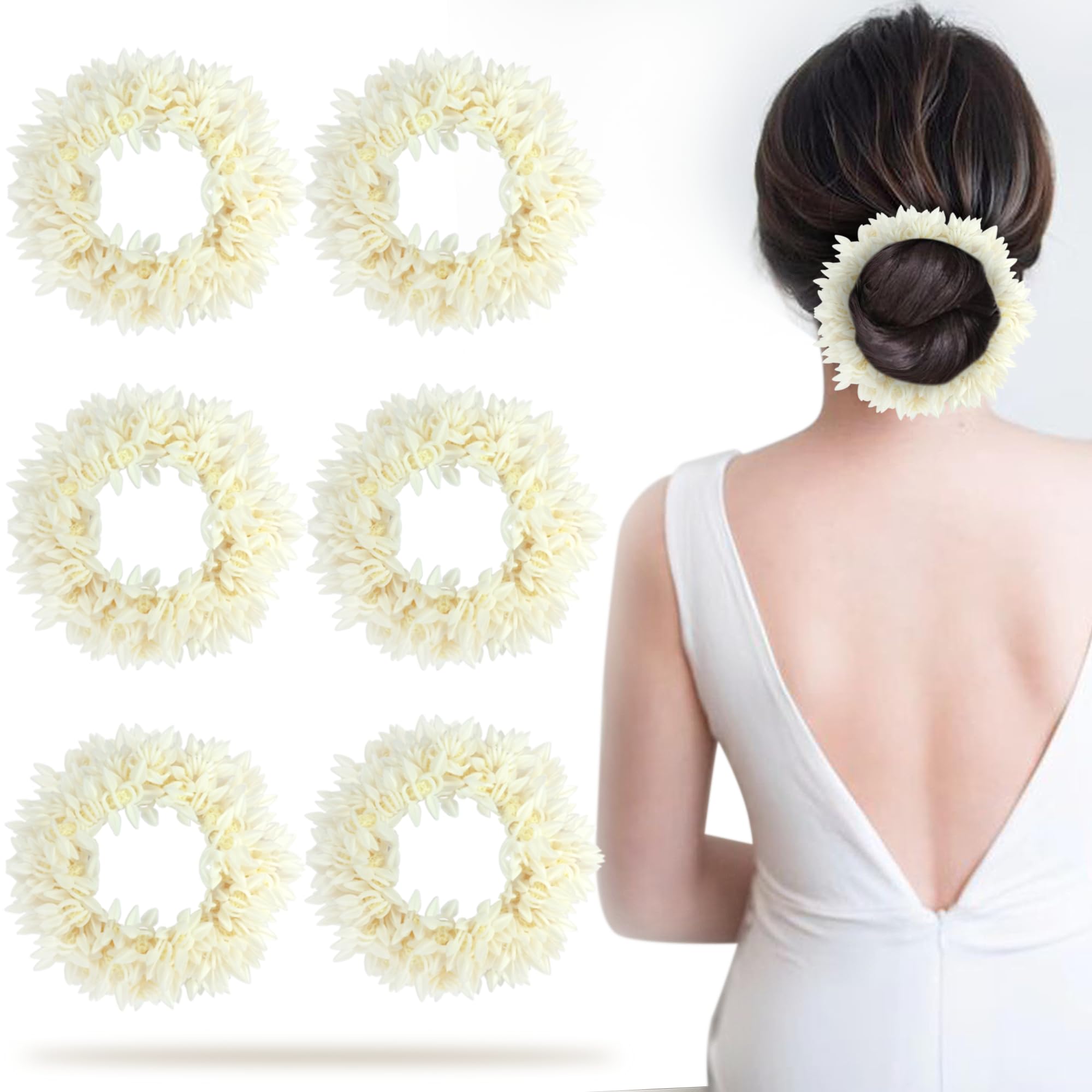 6pcs Stylish Scented Mogra Gajra Hair Accessories Set for Women - Wedding Hair Bun Flowers, Scrunchies & Artificial Hair Decor (White) | Perfect for Bridal, Party & Traditional Occasions