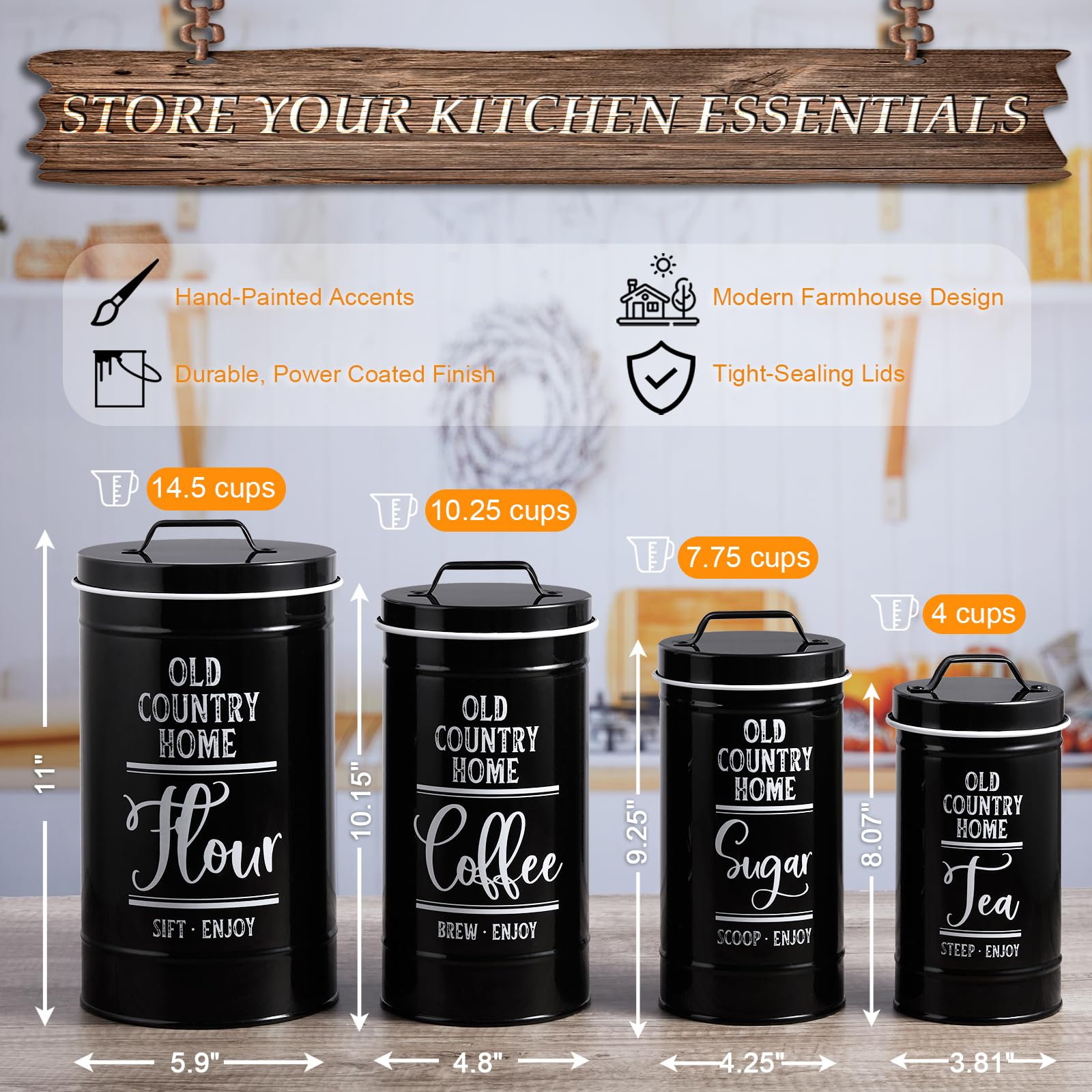 Black Airtight Kitchen Canisters Set of 4 - Flour, Sugar, Tea & Coffee Storage Containers for Countertop, Modern Black Kitchen Decor and Accessories for Baking and Organizing