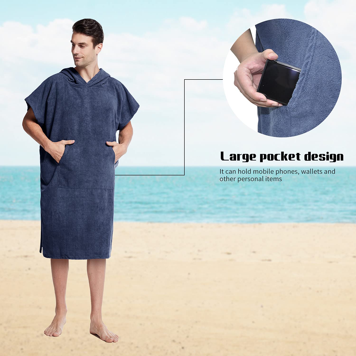 Quick Dry Microfiber Surf Swimming Poncho Changing Robe with Pocket & Hood - Waterproof Outdoor Beach Cover Up, Swimwear Changing Towel for Men & Women - Perfect for Surfing, Swimming, Camping & Yoga (One Size Fits All)