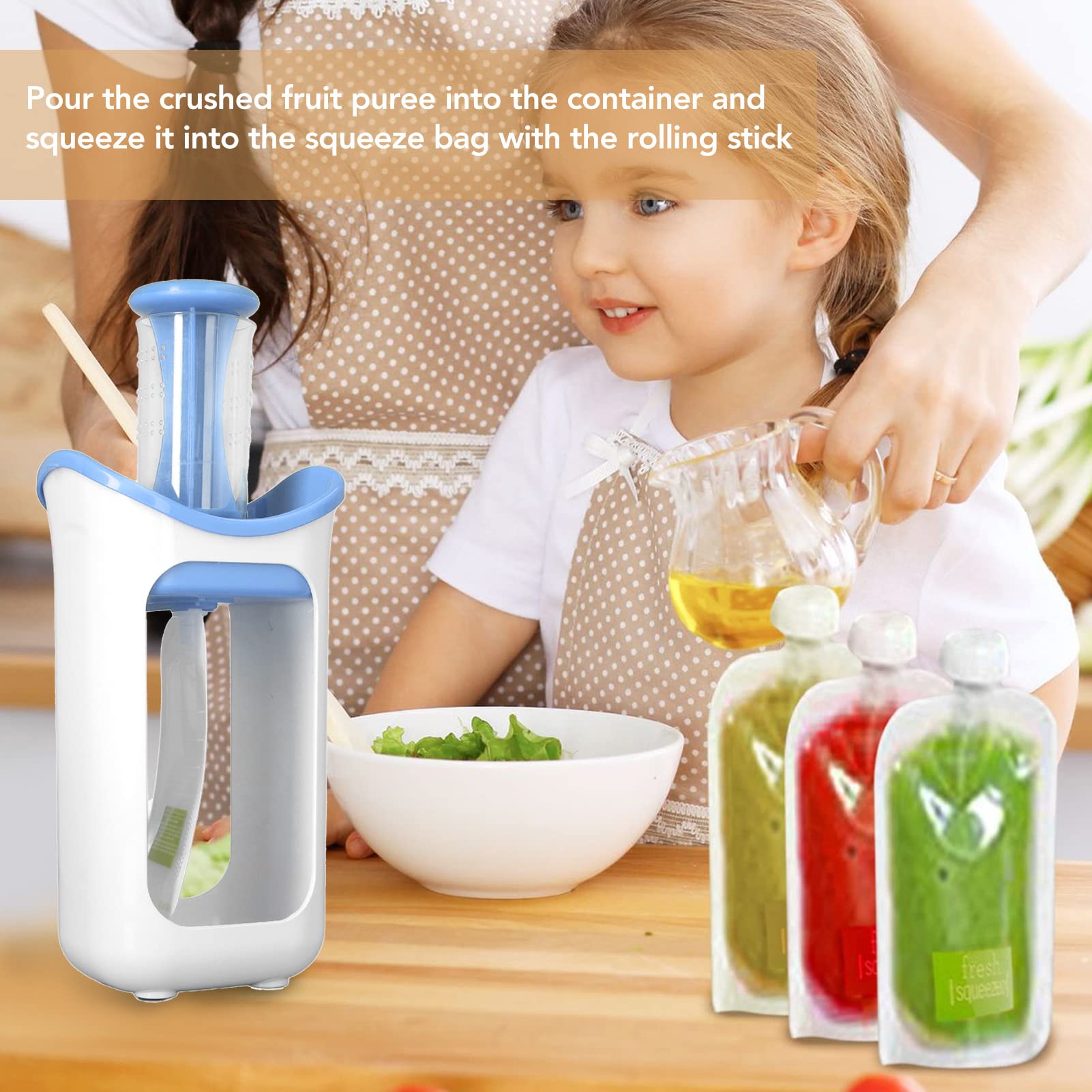 Baby Food Squeeze Station - Reusable Pouch Filler for Homemade Purees | 10 BPA-Free Squeeze Bags Included | Perfect for Making Fresh Fruit Purees, Yogurt & Baby Food at Home - Ideal for Busy Parents & Healthy Snacks On-The-Go (Blue)