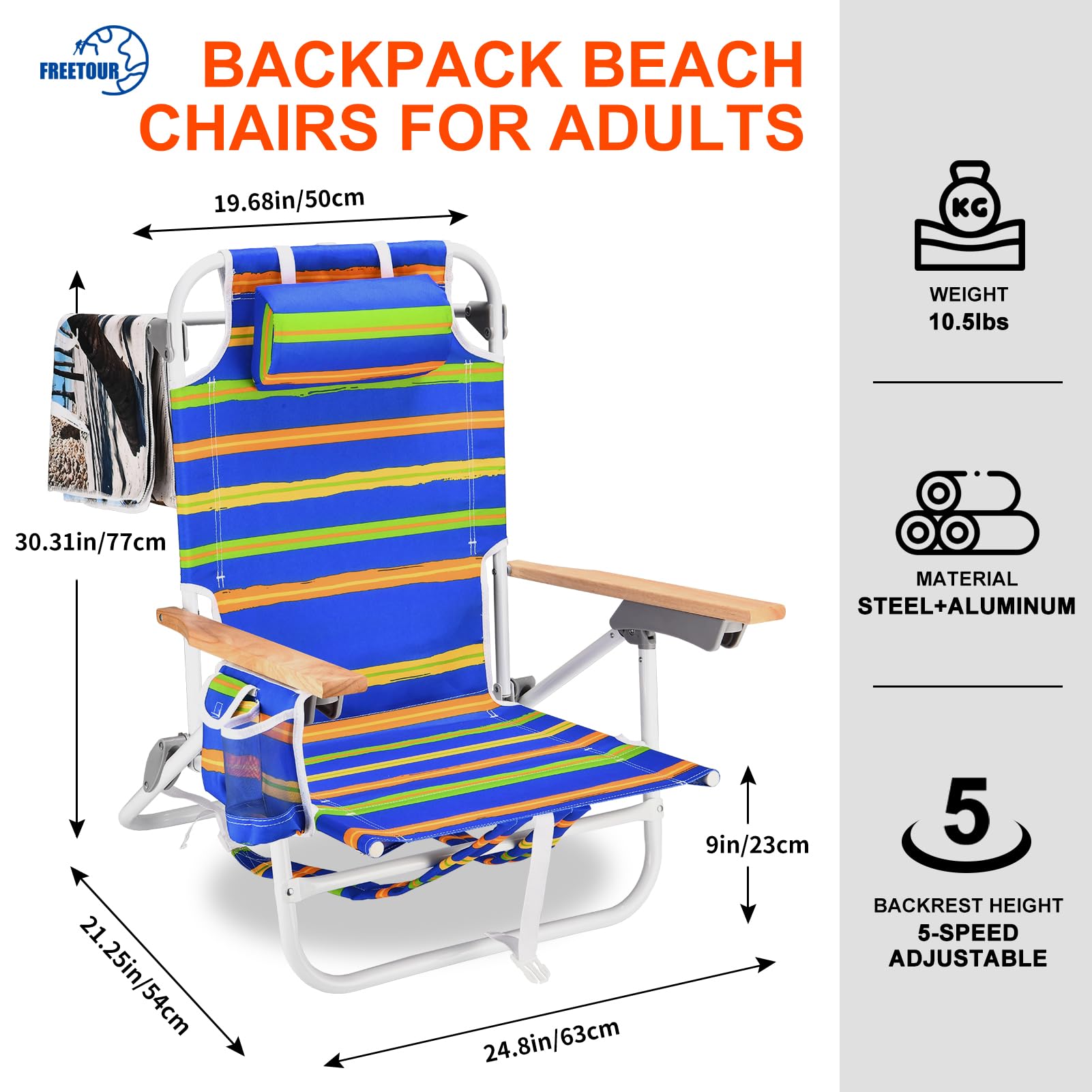 2 Pack Heavy Duty Beach Chairs for Adults - 300 lb Capacity, 5-Position Reclining, Lightweight Aluminum Frame with Storage Pouch & Carry Straps - Foldable for Travel, Camping, Picnics & Beach Days (Blue & Yellow Stripes)