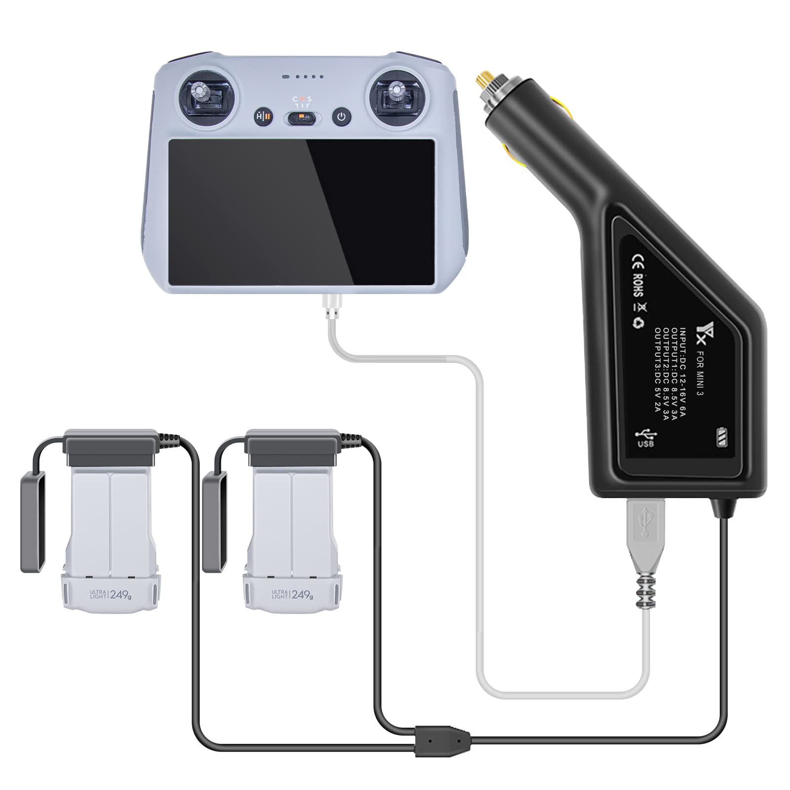 DJI Mini 3 Pro Drone Smart Car Charger - Dual USB Port Fast Charging Adapter for DJI RC Remote & Batteries | Perfect for Road Trips & Outdoor Drone Photography