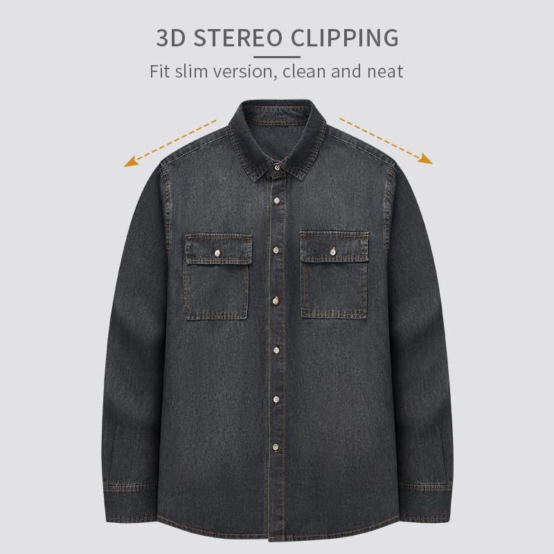 Men's Casual Denim Long Sleeve Shirt with Pocket - Comfortable Button Down Work Shirt for Everyday Wear, Office & Outdoor Activities