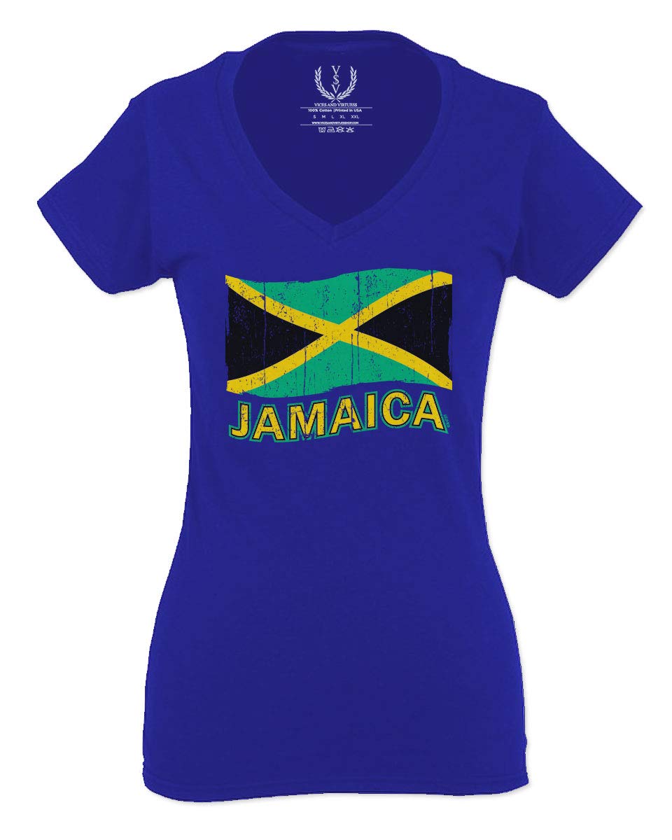 Jamaican Flag T-Shirt for Women - V-Neck Fitted Caribbean National Pride Tee - Perfect for Beach Vacations, Cultural Events & Summer Outfits