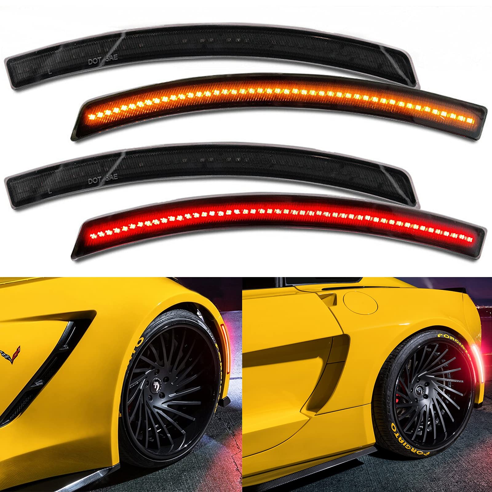 NSLUMO LED Side Marker Lights for Chevy Corvette C7 2014-2019 - Smoked Lens with 192 SMD LEDs (Amber Front/Red Rear) - Direct OEM Replacement - Enhanced Visibility & Style for Night Driving & Car Shows