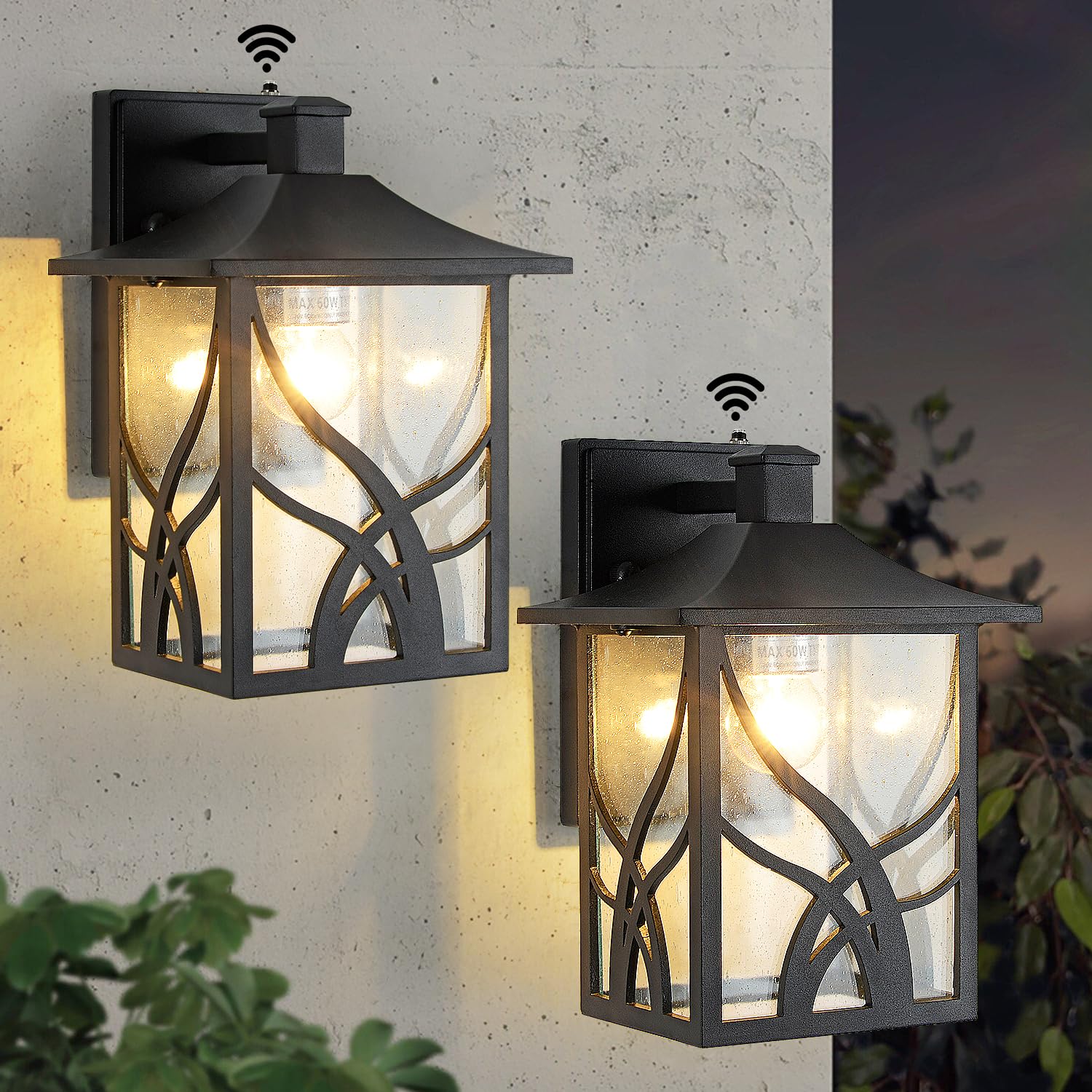 2 Pack Dusk to Dawn Outdoor Porch Lights - Black Exterior Wall Light Fixtures with Photocell Sensor & Clear Seeded Glass - Weatherproof Carriage Lights for House, Patio, Garage, Yard (Perfect for Entryways, Driveways & Outdoor Security Lighting)