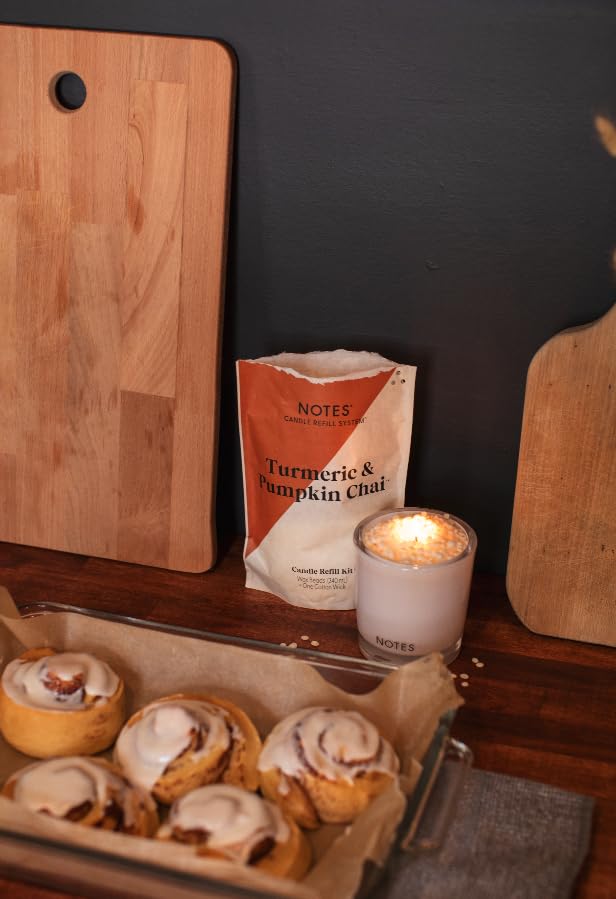 NOTES Sustainable Candle Starter Kit - Eco-Friendly Refillable Candles with Warm Cozy Duo Scents | 100% Natural Soy Wax | Turmeric Pumpkin Chai & Vanilla Pepperwood Fragrance | Perfect for Fall Decor, Home Aromatherapy, and Cozy Evenings