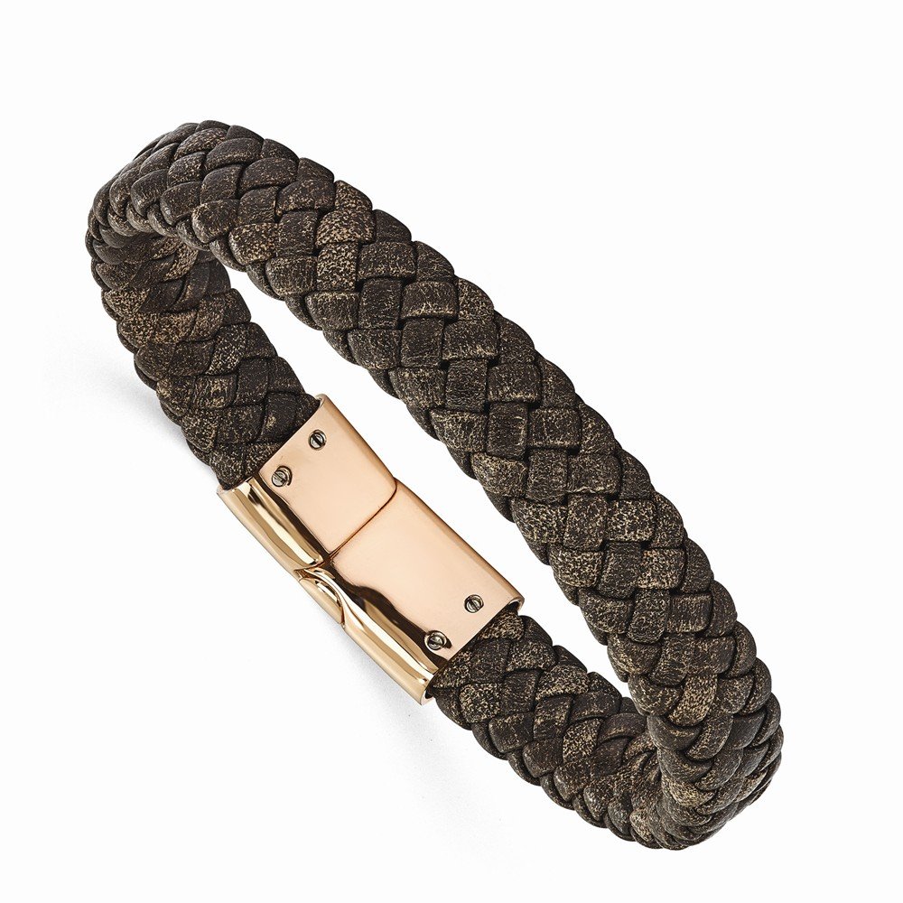 Stainless Steel Polished Rose Gold IP Braided Brown Leather Bracelet for Men & Women - Elegant Jewelry Gift for Valentine's Day, Anniversary or Everyday Wear