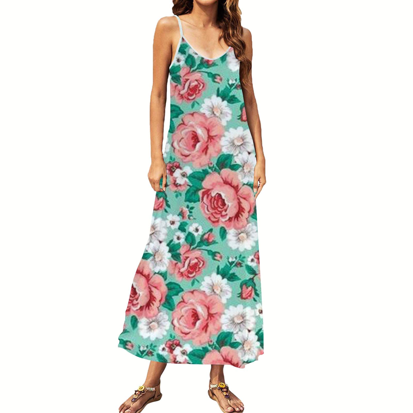 iOPQO Plus Size Women's Formal Printed Round Neck Maxi Dress - Summer Spaghetti Strap Sundress for Beach, Wedding & Casual Wear